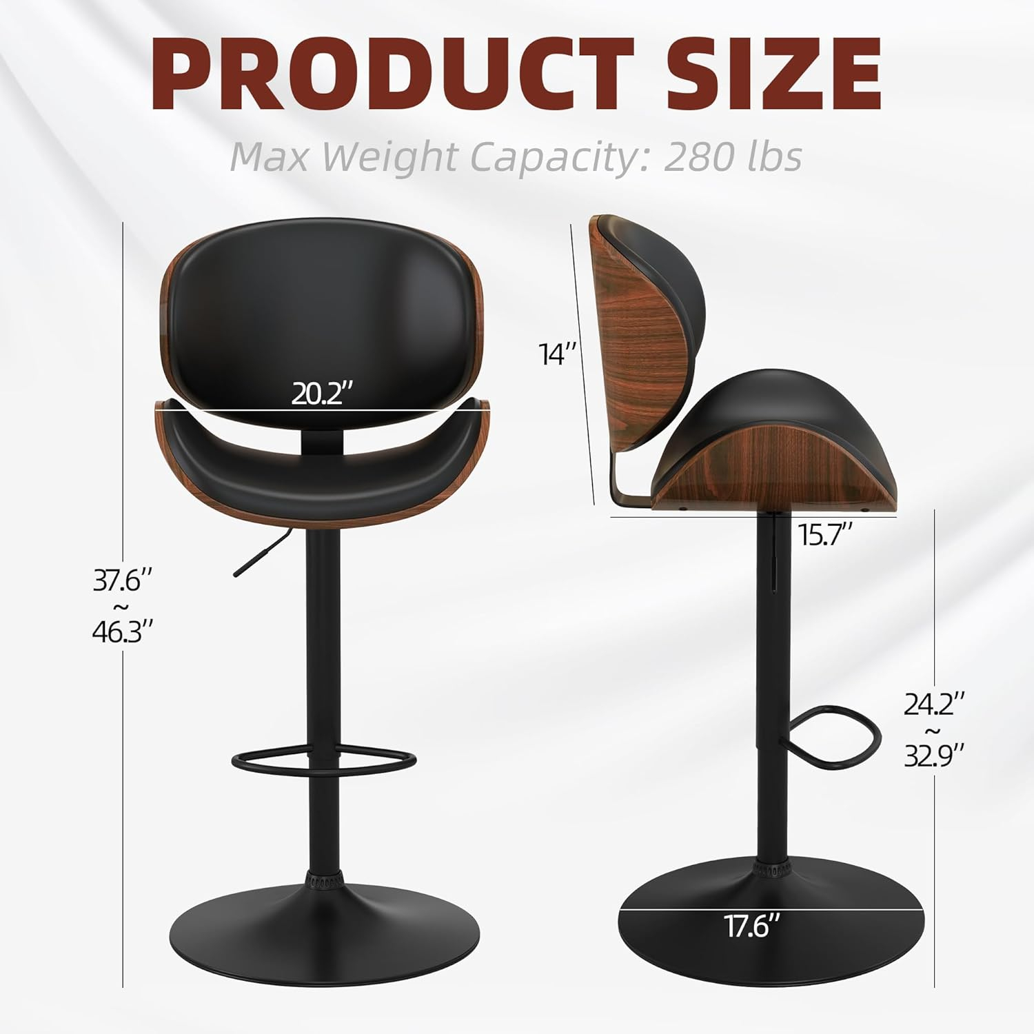 civama Bar Stools Set of 2 for Kitchen Counter, Adjustable Bar Height Chairs, Modern Swivel Barstools with Bentwood Seat and Back with Footrest, for Kitchen Island, Dining Room, Black PU Leather