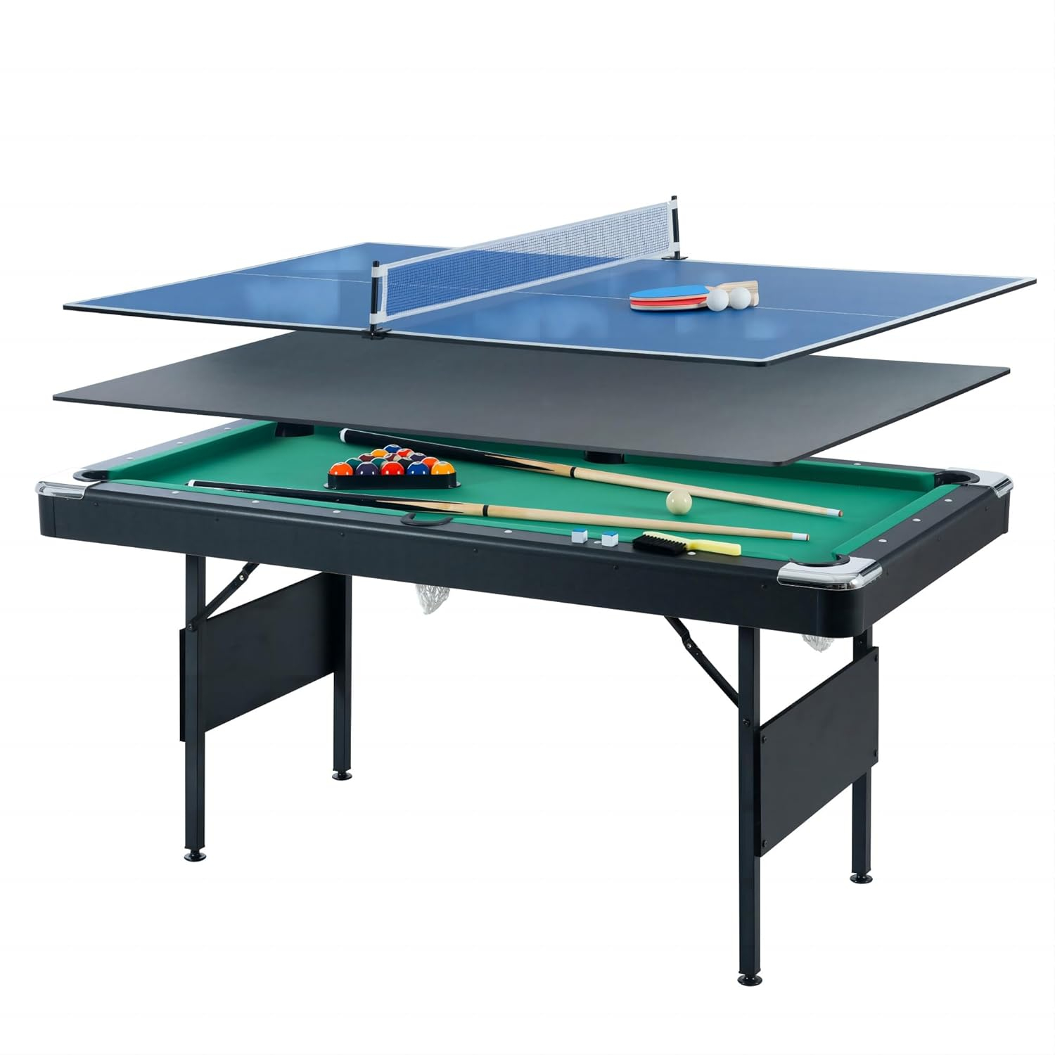 Holaki 3 in 1 Billiard Table, 65.75" Folding Pool Table with Ping Pong Table and Dining Top, Multi Game Table Includes Billiard Accessories and Tennis Paddles for Family Game Room, Basements