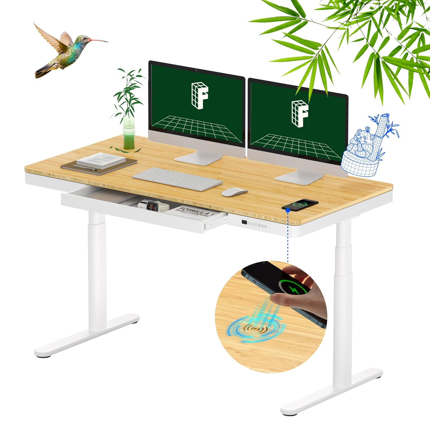 FLEXISPOT Q8 55" Bamboo Standing Desk, Dual Motor 3 Stages Adjustable Height Electric Computer Workstation w/Wireless Charging, Drawer, Quick Install, 220lbs Capacity (Bamboo Tabletop + White Frame)