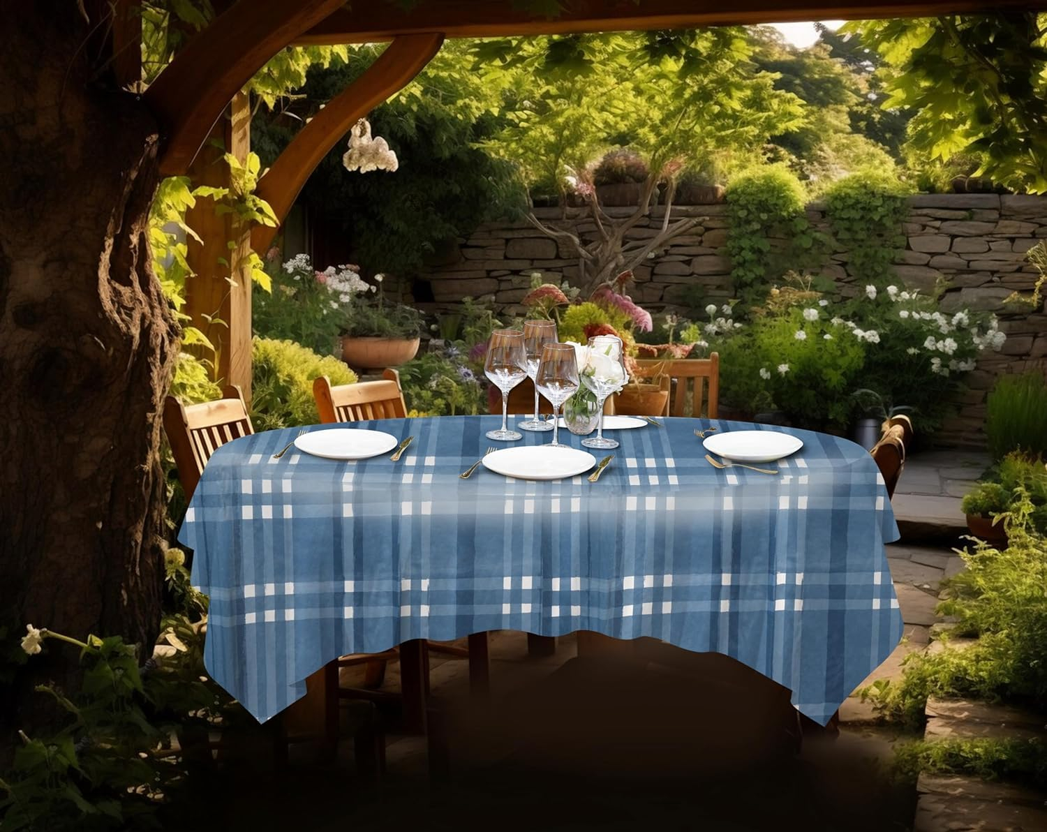 Blue Plaid Vinyl Round Tablecloth 60 Inch for Indoor Outdoor Gatherings