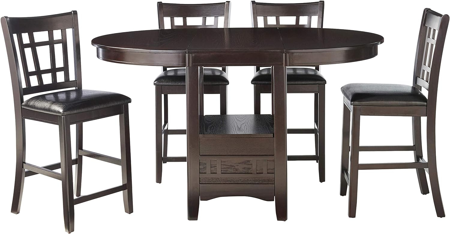 Espresso Oak Veneer Counter Height Dining Set with Black Fabric Chairs
