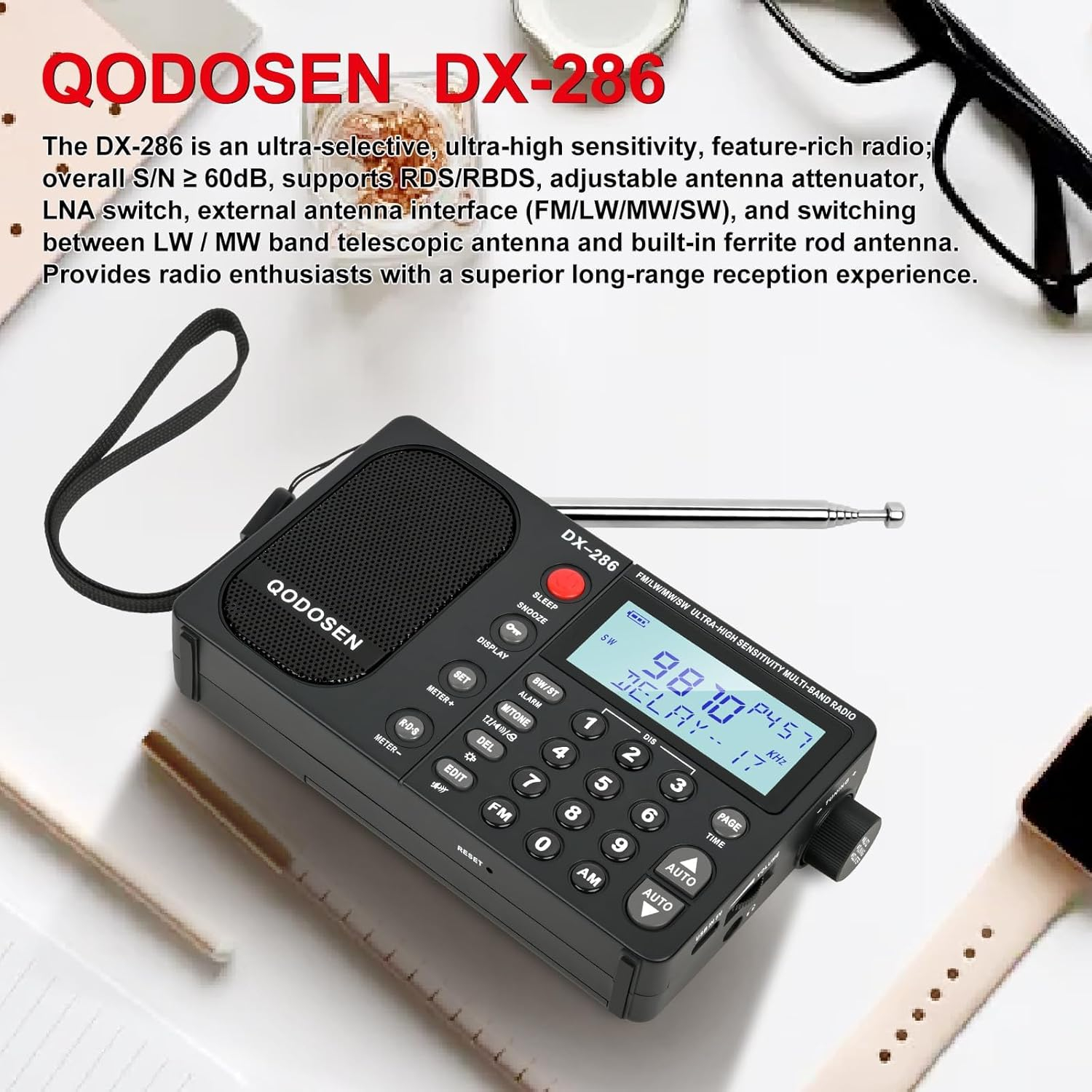 DX-286 Portable Radio, with TEF6686 Automotive Chip,LW,AM, FM, Shortwave,Data System(RBDS/RDS),Antenna Attenuator,Antenna Switch, AMP Switch,1000 Presets,Tone Switch,Clock/UTC/Alarm/Sleep