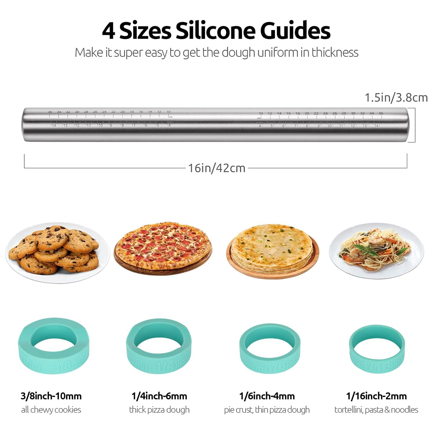 U-Taste Adjustable 18/8 Stainless Steel 16 inch Rolling Pin with Silicone Removable Rings (Teal/Aqua Sky)