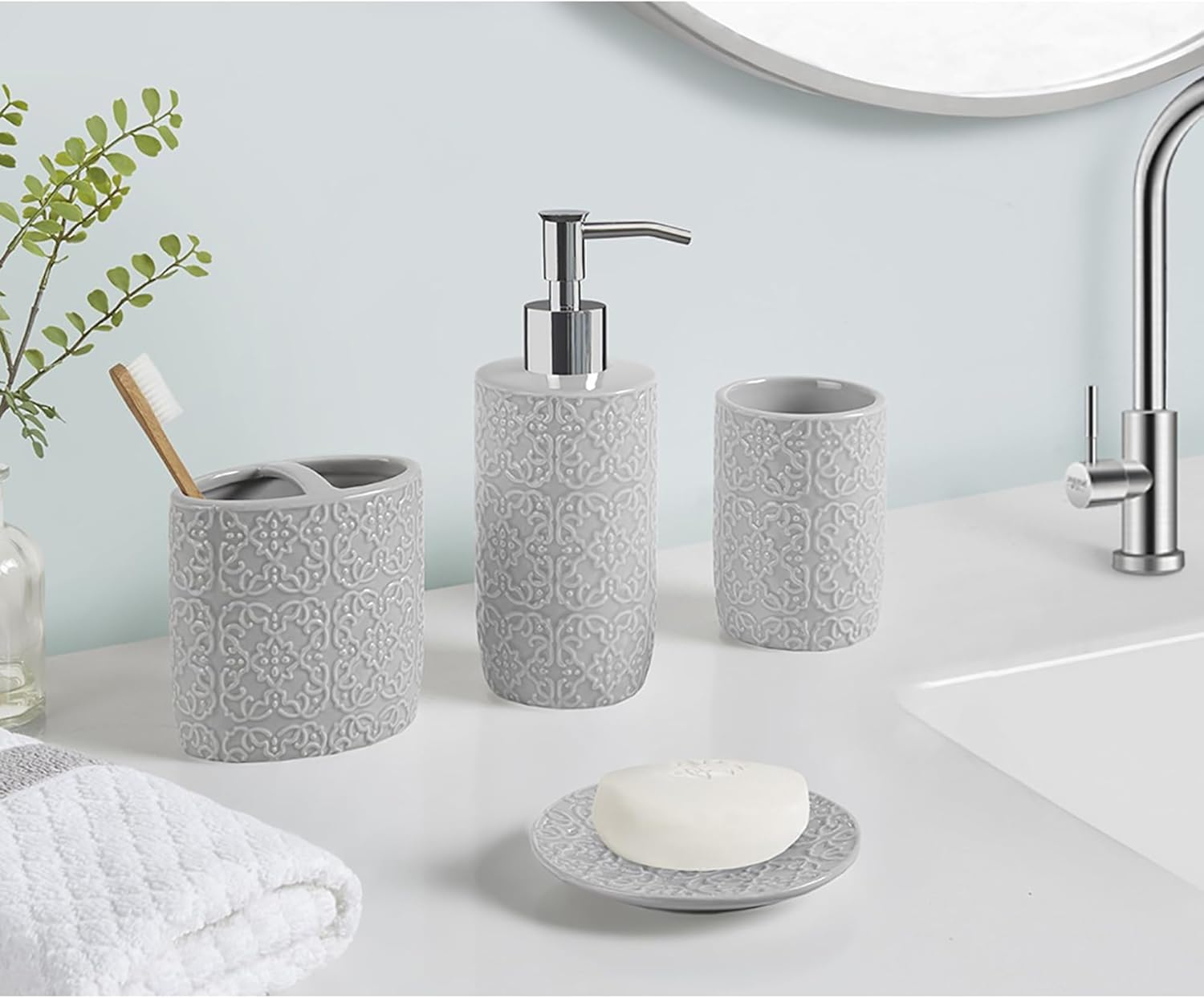 Martha Stewart Ceramic Bathroom Accessories Set, Vanity Decor Storage Organizer, Embossed Damask Medallion, Lotion/Soap Dispenser, Toothbrush Holder, Tumbler, Trinket Dish, Assorted Sizes Grey