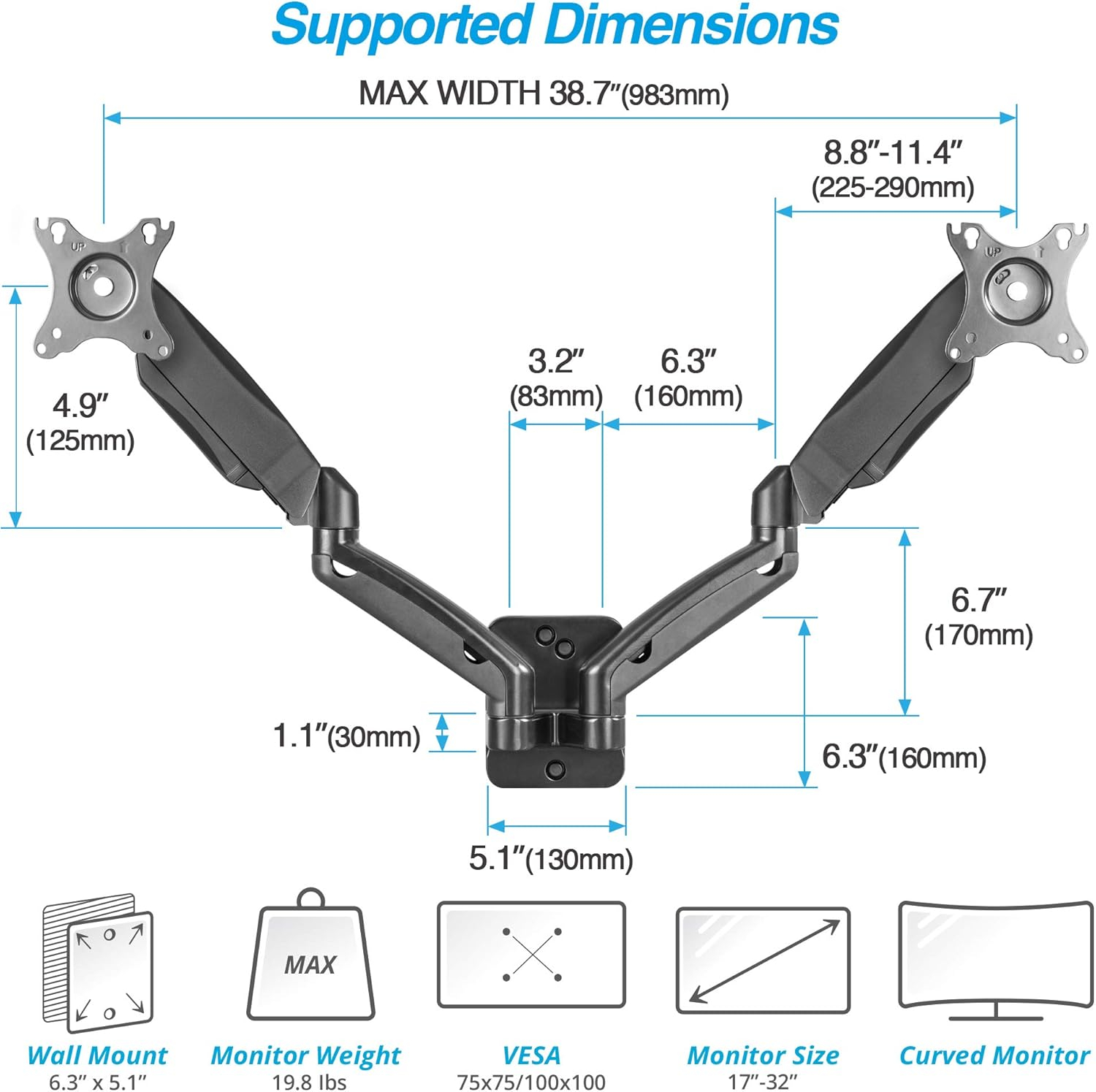 AVLT Dual 17"-32" Monitor Wall Mount - Fits Two 19.8 lbs Flat/Curved Monitors - Full Motion Height Swivel Tilt Rotation Adjustable Arm - VESA/Cable Management