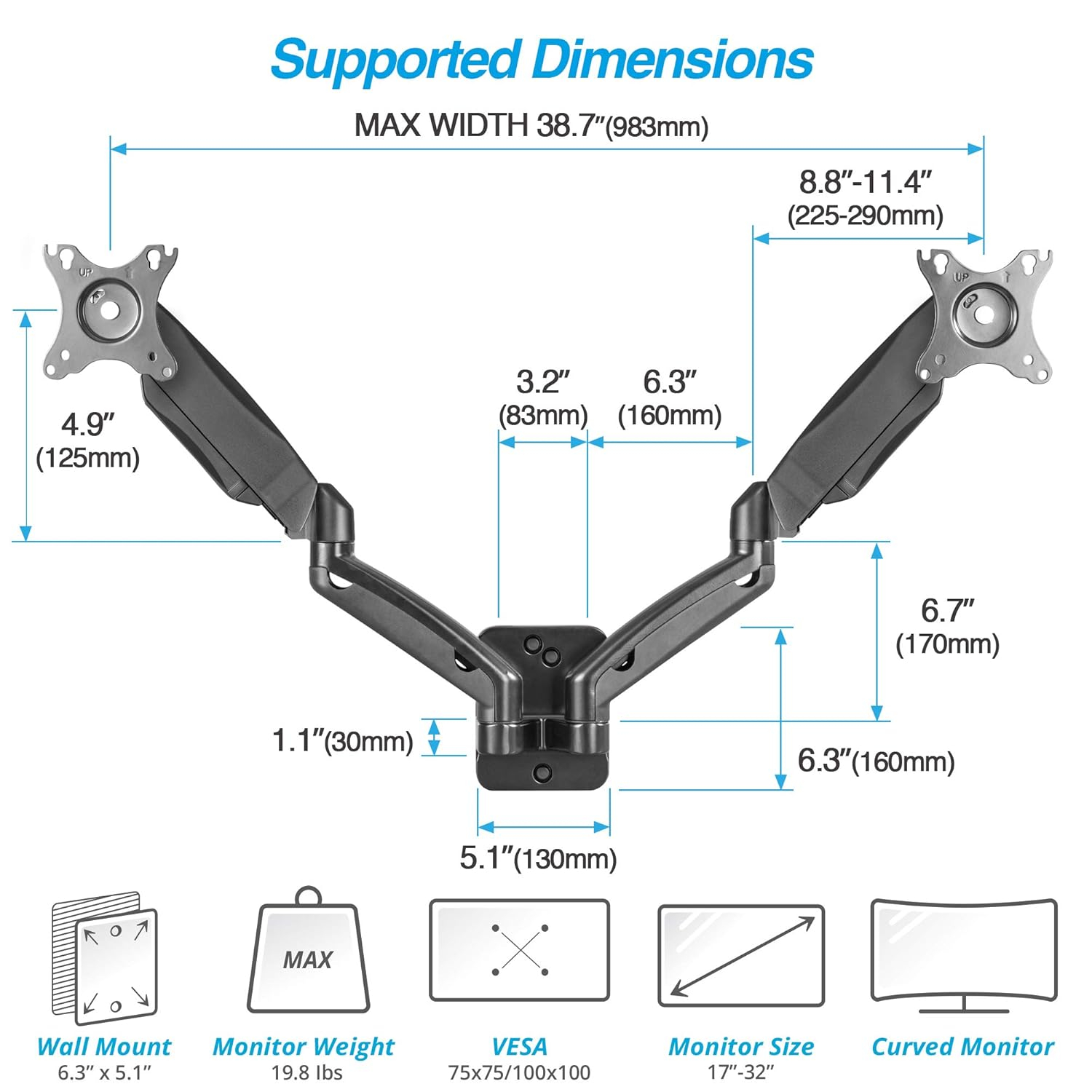 AVLT Dual 17"-32" Monitor Wall Mount - Fits Two 19.8 lbs Flat/Curved Monitors - Full Motion Height Swivel Tilt Rotation Adjustable Arm - VESA/Cable Management