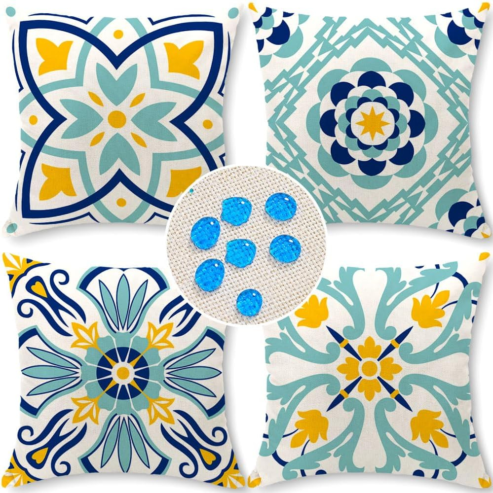 Outdoor Pillows, Outdoor Pillow Covers 18x18 Set of 4 Waterproof Decorative Throw Pillow Covers Boho Decorations for Patio, Garden, Balcony