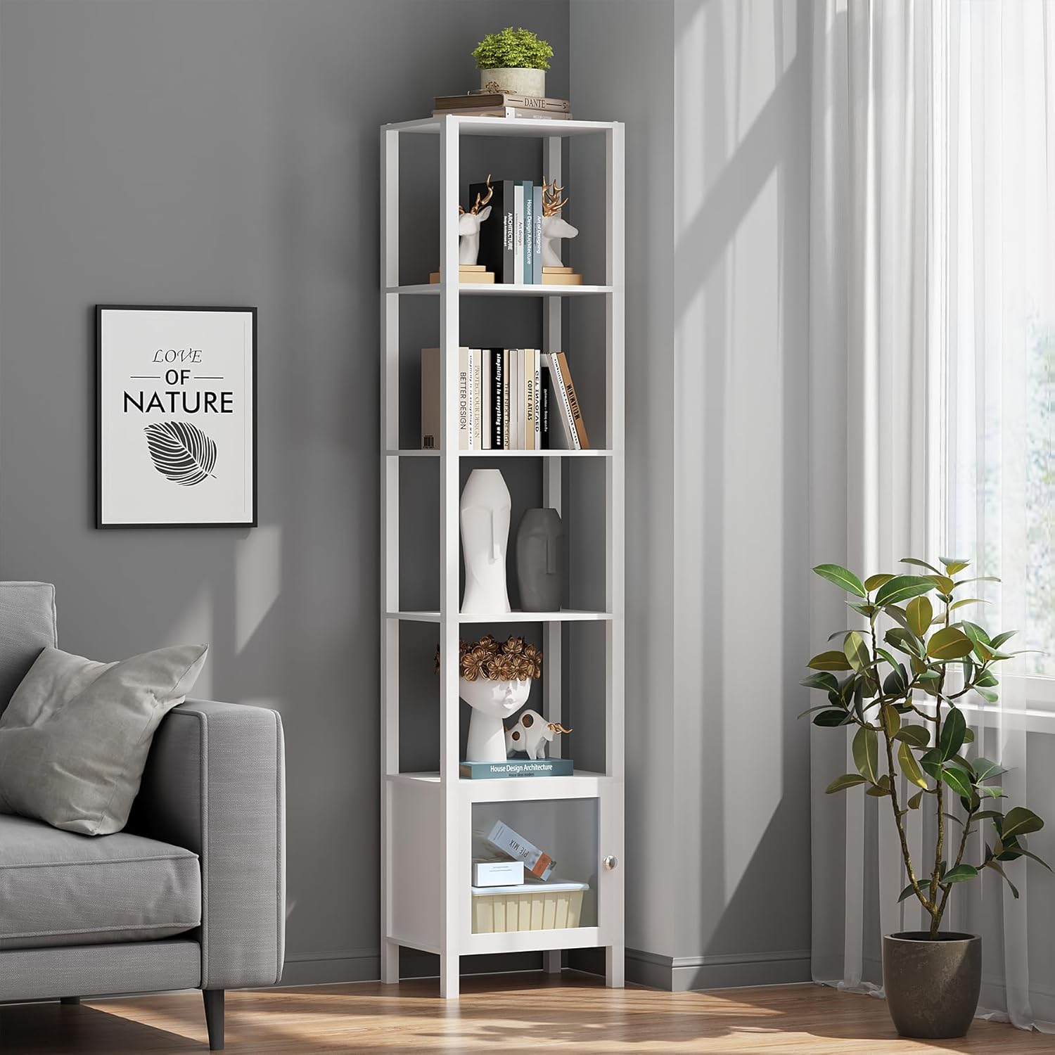 TUTOTAK 5 Tier Bookcase and Bookshelf, Narrow Book Shelf with Door for Small Space, for Living Room, Office, Study, Entryway, White BS03BW005