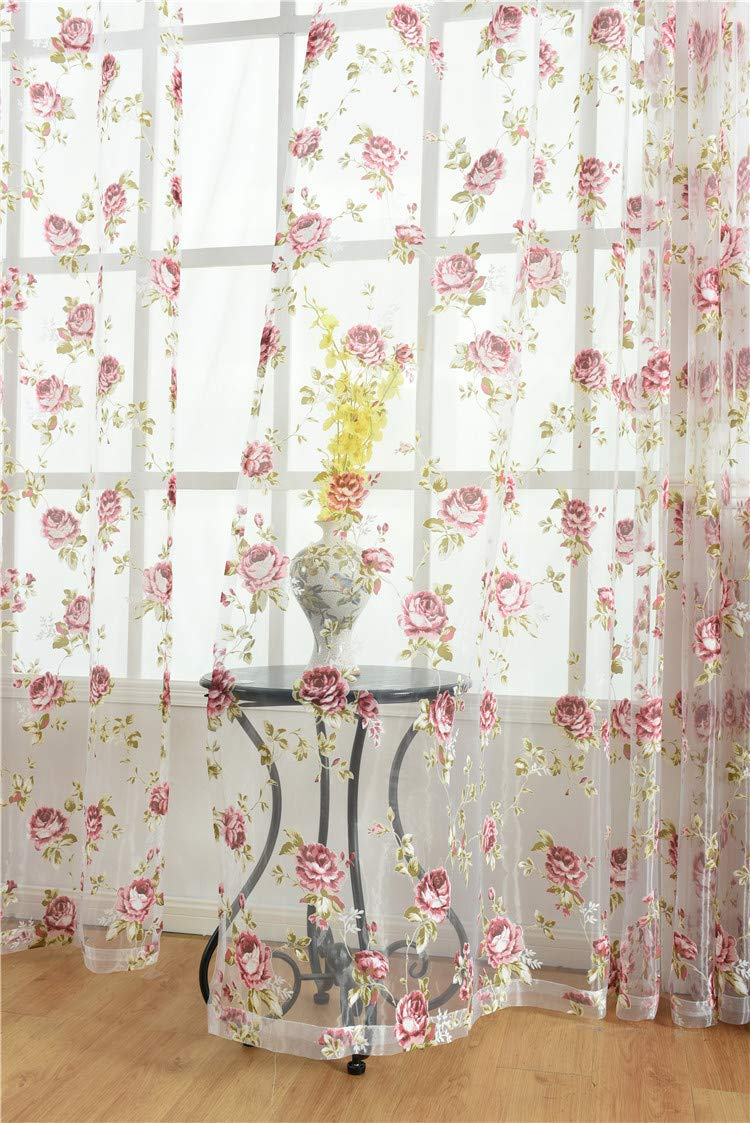 Rod Pocket Top Rose Floral Sheer Voile Curtain, Pink Flower Tulle Transparent Window Treatment for Living Room Bedroom Glass Door, 54 by 84 Inch Each,1 Set of 2 Panels …