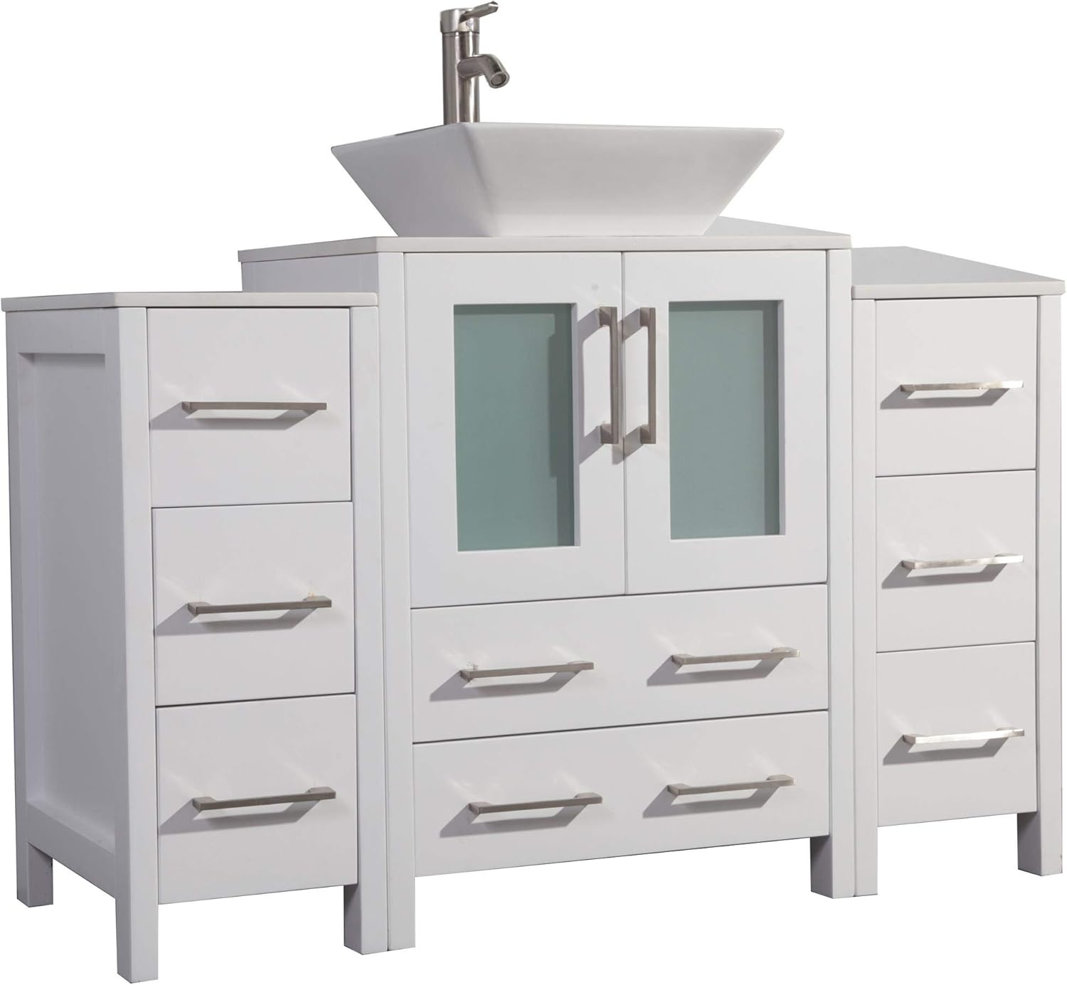 Vanity Art 48 Inch Vessel Single Sink Bathroom Vanity Cabinet with 1 Mirror, Engineered Marble Top Bathroom Cabinet Compact Set with 8 Dovetail Drawers and Soft Closing Doors, VA3124-48W