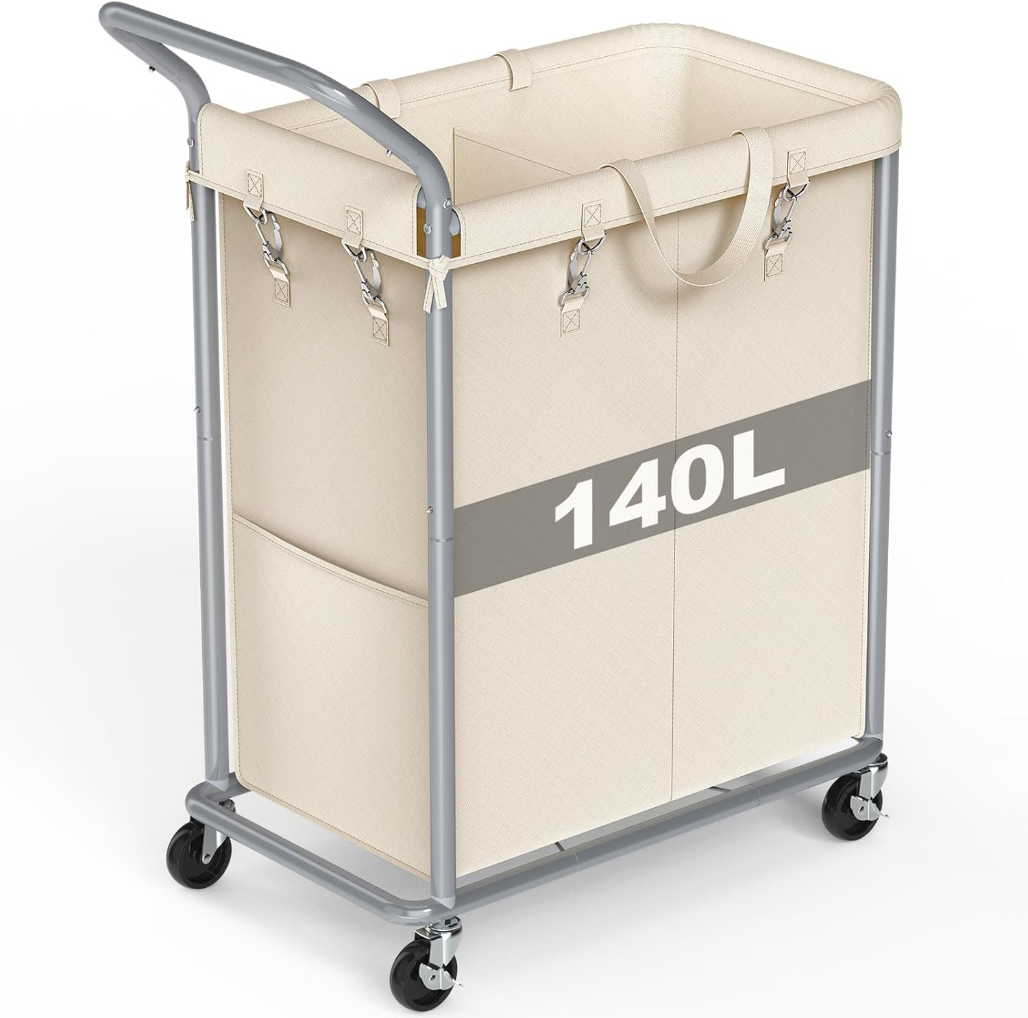 Beige 140L Rolling Laundry Sorter with Steel Frame and Removable Liner