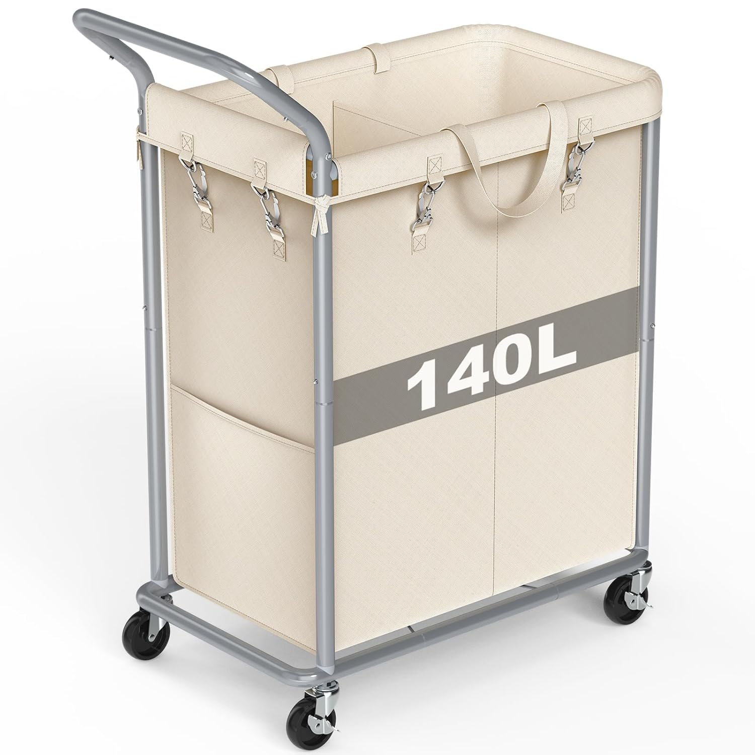 Beige 140L Rolling Laundry Sorter with Steel Frame and Removable Liner