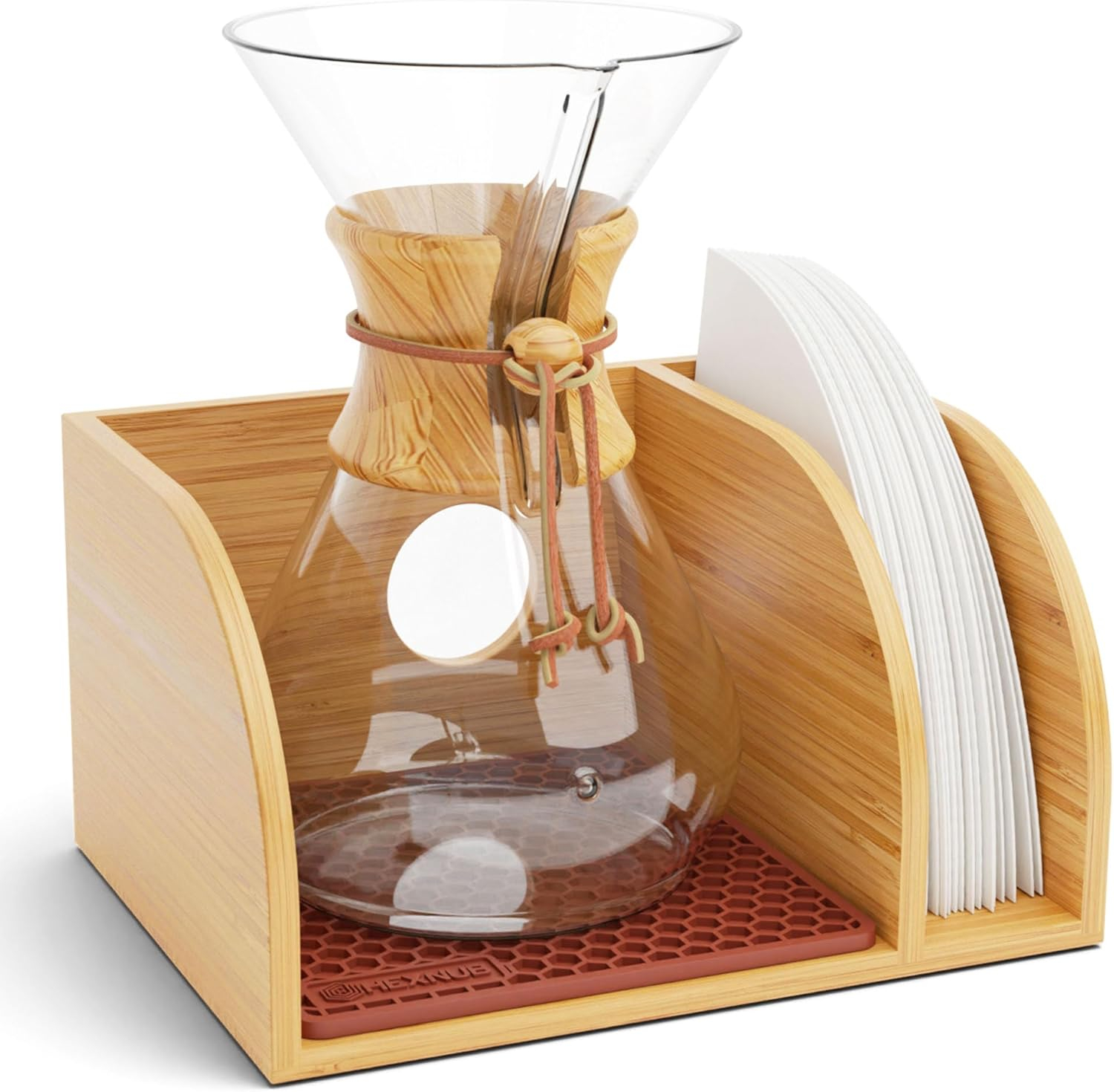 HEXNUB Bamboo Caddy for Chemex, Bodum, Cosori Pour Over Coffee Makers - Cork Mat