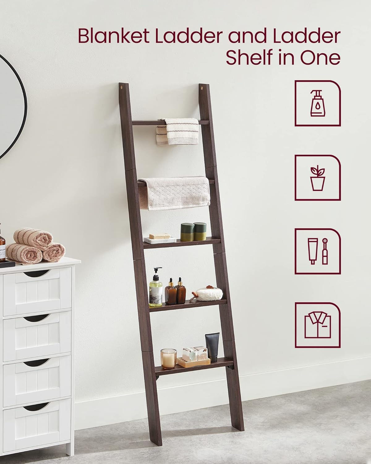 Maroon Brown 5-Tier Rustic Particleboard Blanket Ladder