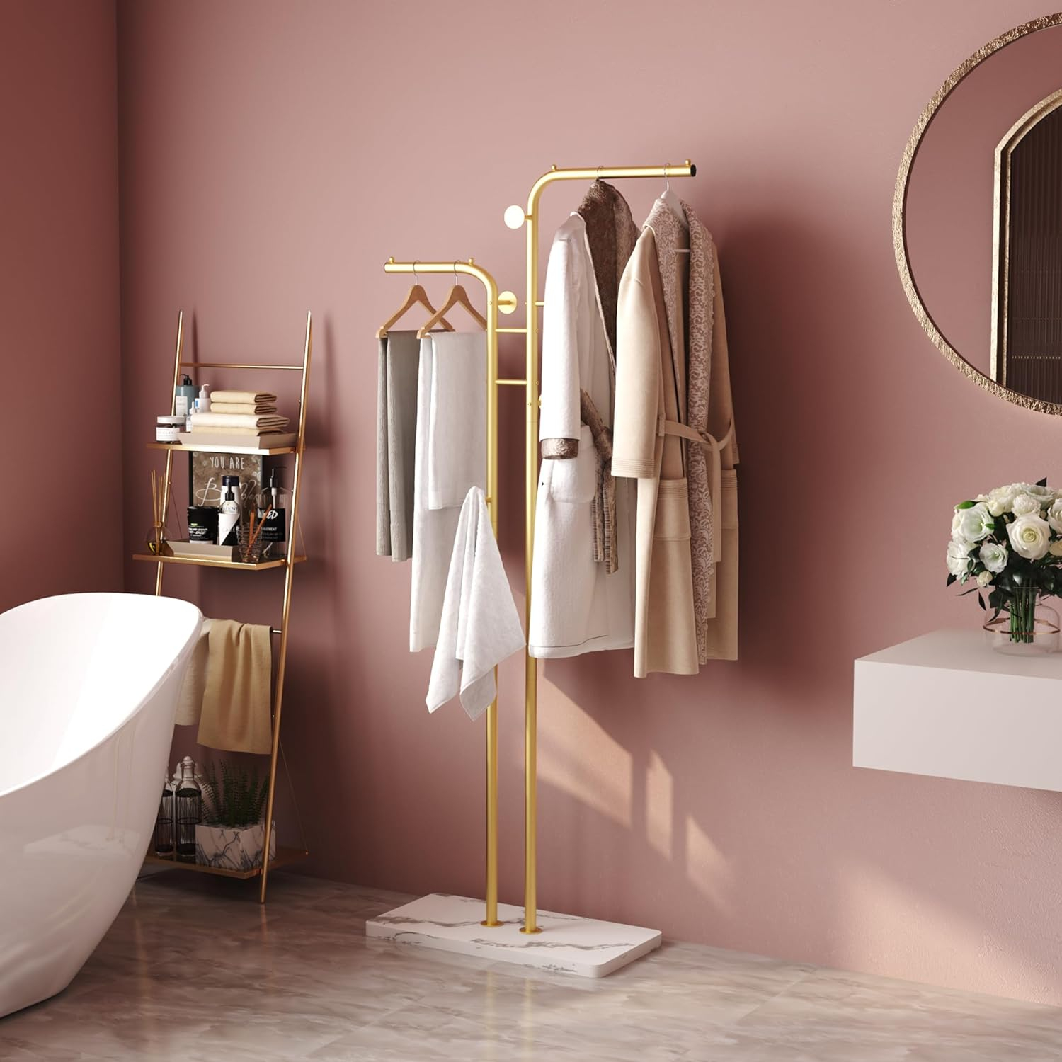 Gold Freestanding Metal Coat Rack with Marble Base and 5 Hooks