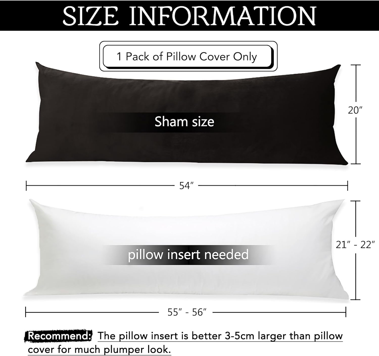 StangH Black Body Pillow Pillowcase, 20 x 54 inches Soft Velvet Pillow Cover with Zipper Closure, Warm Cozy Body Pillowcase for Adults Pregnant Women, 1 Piece