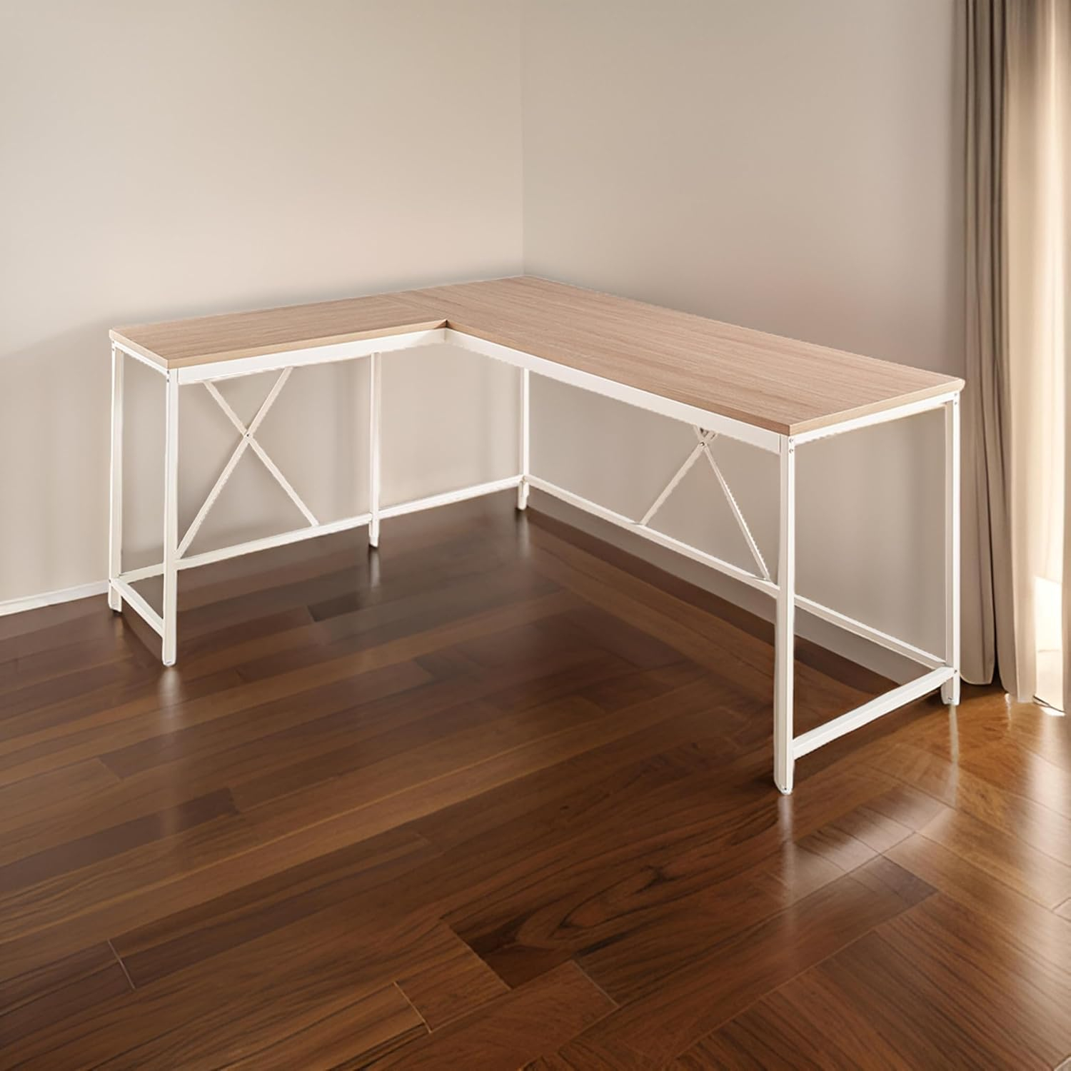 Benjara Posy Corner Desk, L Shaped White Metal Frame, X Crossed, Oak Brown Wood Top