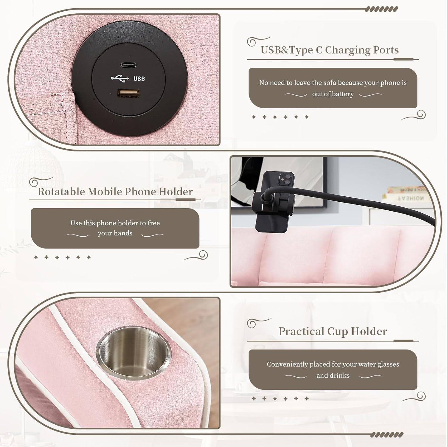 JEEOEHY 3 in 1 Convertible Sleeper Sofa Bed,Velvet Pull Out Couch Bed w USB&Type C Port,Comfy Futon Loveseat w Adjustable Backrest&Phone Stand&Cup Holder for Living Room Apartment Small Space(Pink)