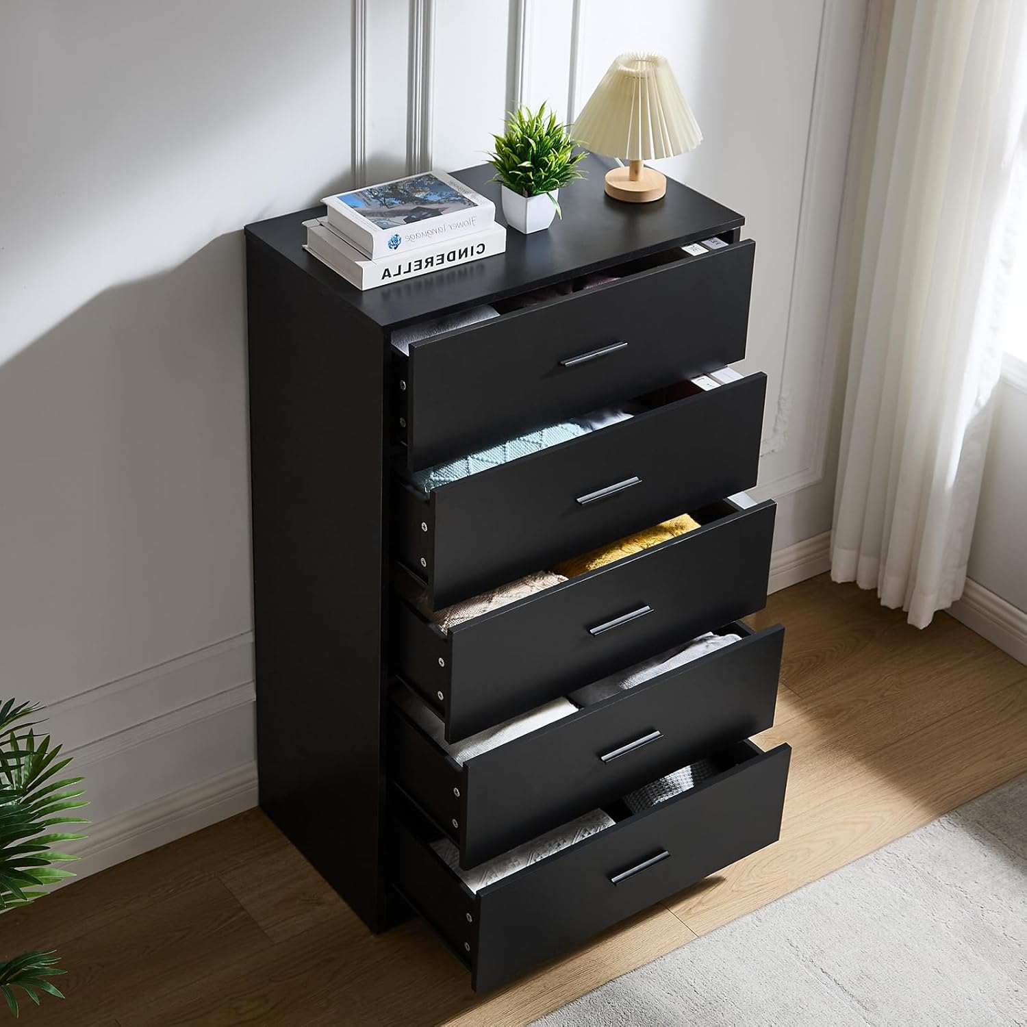 LIDYUK Black Dresser for Bedroom, 5 Drawer Dressers & Chests of Drawers, Modern Wood Dresser, 47 Inches Tall Chest of Drawers for Bedroom, Hallway, Living Room