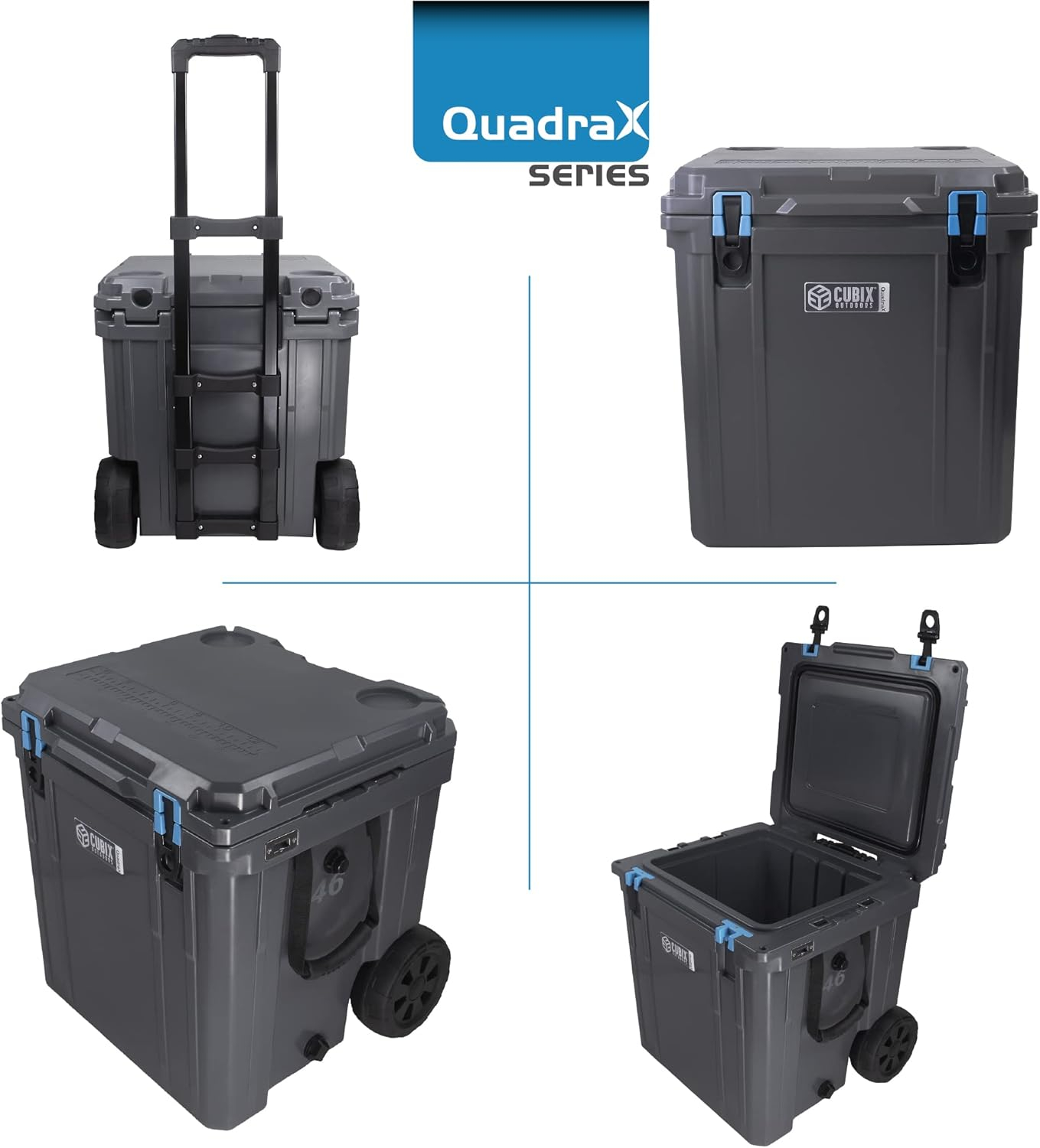 Cubix Outdoors 46 QT QuadraX Wheeled Portable Insulated Hard Cooler - Fits 26 Cans - Granite Gray
