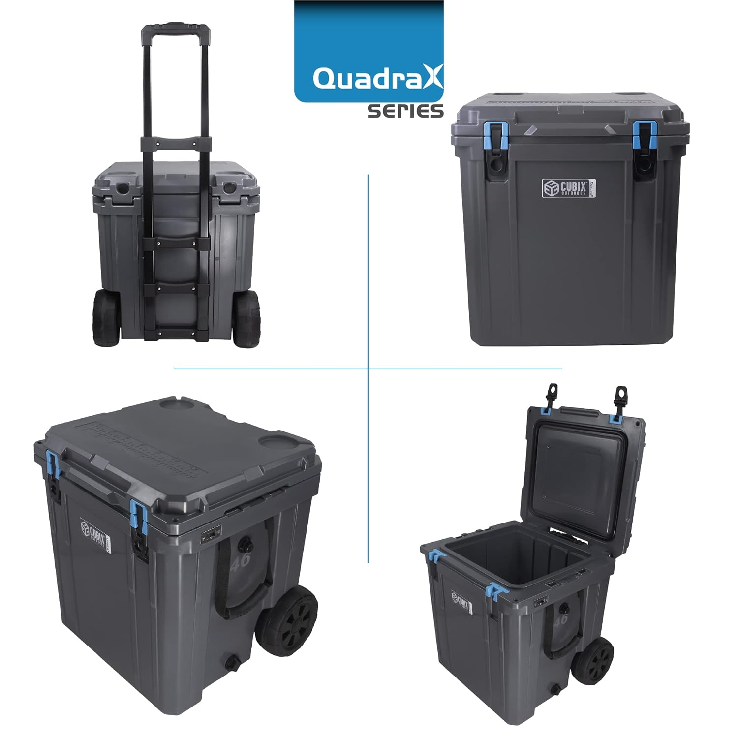 Cubix Outdoors 46 QT QuadraX Wheeled Portable Insulated Hard Cooler - Fits 26 Cans - Granite Gray