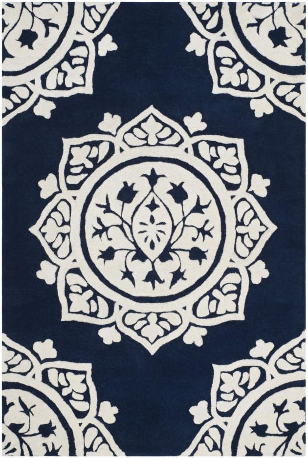 SAFAVIEH Micro-Loop Hailey Medallion Area Rug, Navy/Ivory, 4' x 6'