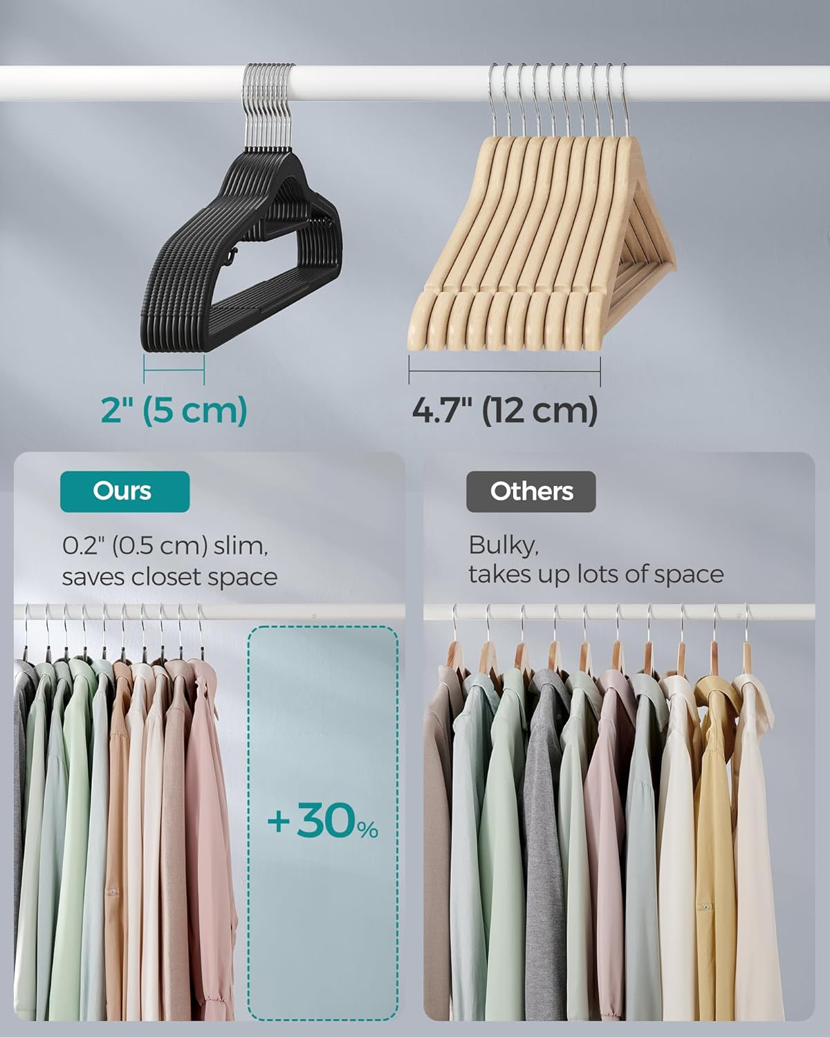 SONGMICS Pack of 30 Coat Hangers, Heavy-Duty Plastic Hangers, Non-Slip, Space-Saving Clothes Hangers, 0.2 Inches Slim, 16.5 Inches Wide, 360° Swivel Silver Hook, Black UCRP20BK30