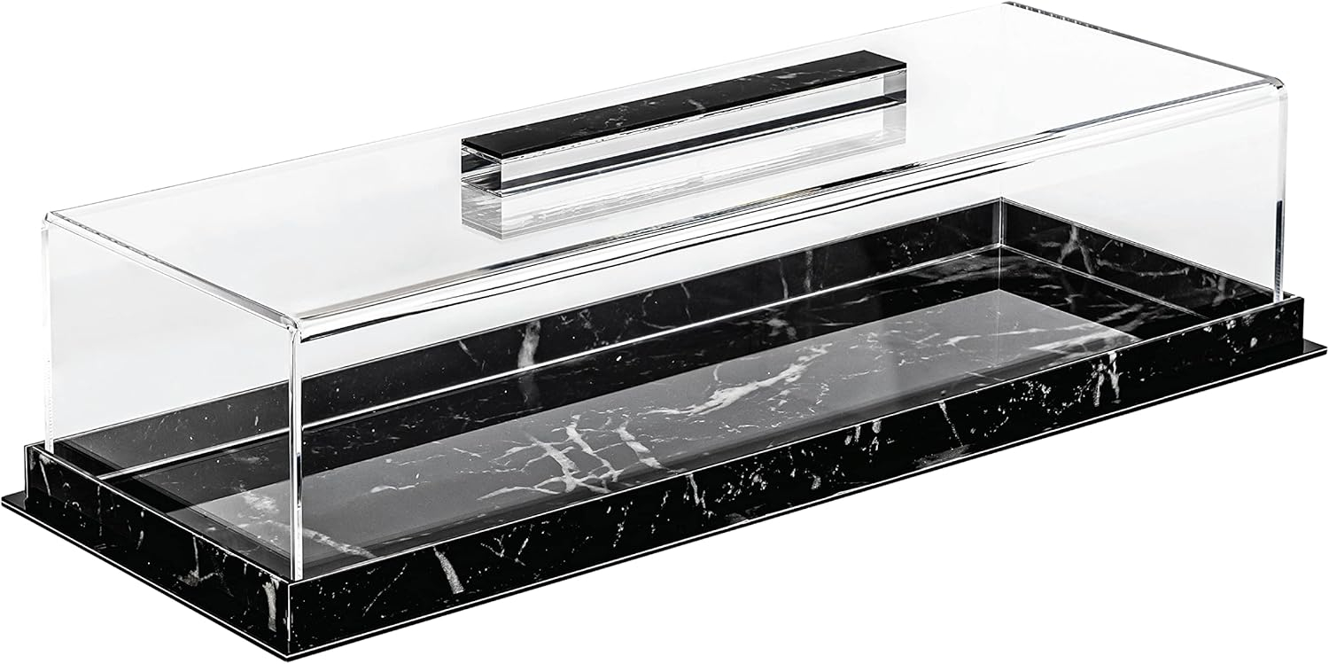 Rectangular Cake Tray, Cake Plate Dish with Lucite Display Cover Lid, Dessert Holder Tray, Cake Stand, Grey Marble Rectangle Cake Platter with Lucite Cover, Pastry Base (Black)