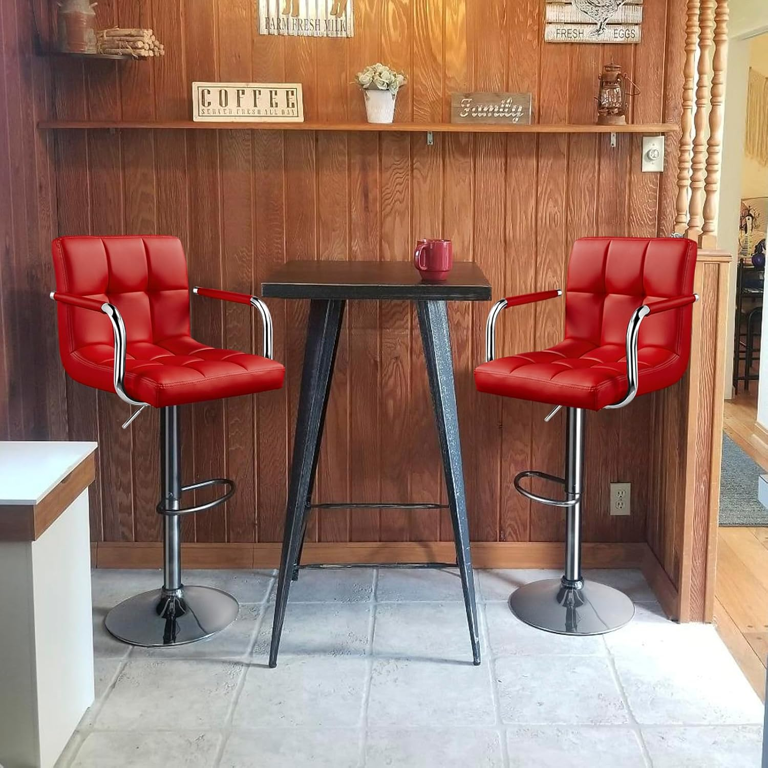 Killeryuki Tall Bar Stools Set of 2 Modern Square PU Leather Adjustable BarStools Counter Height Stools with Arms and Back Bar Chairs 360° Swivel Stool, Red