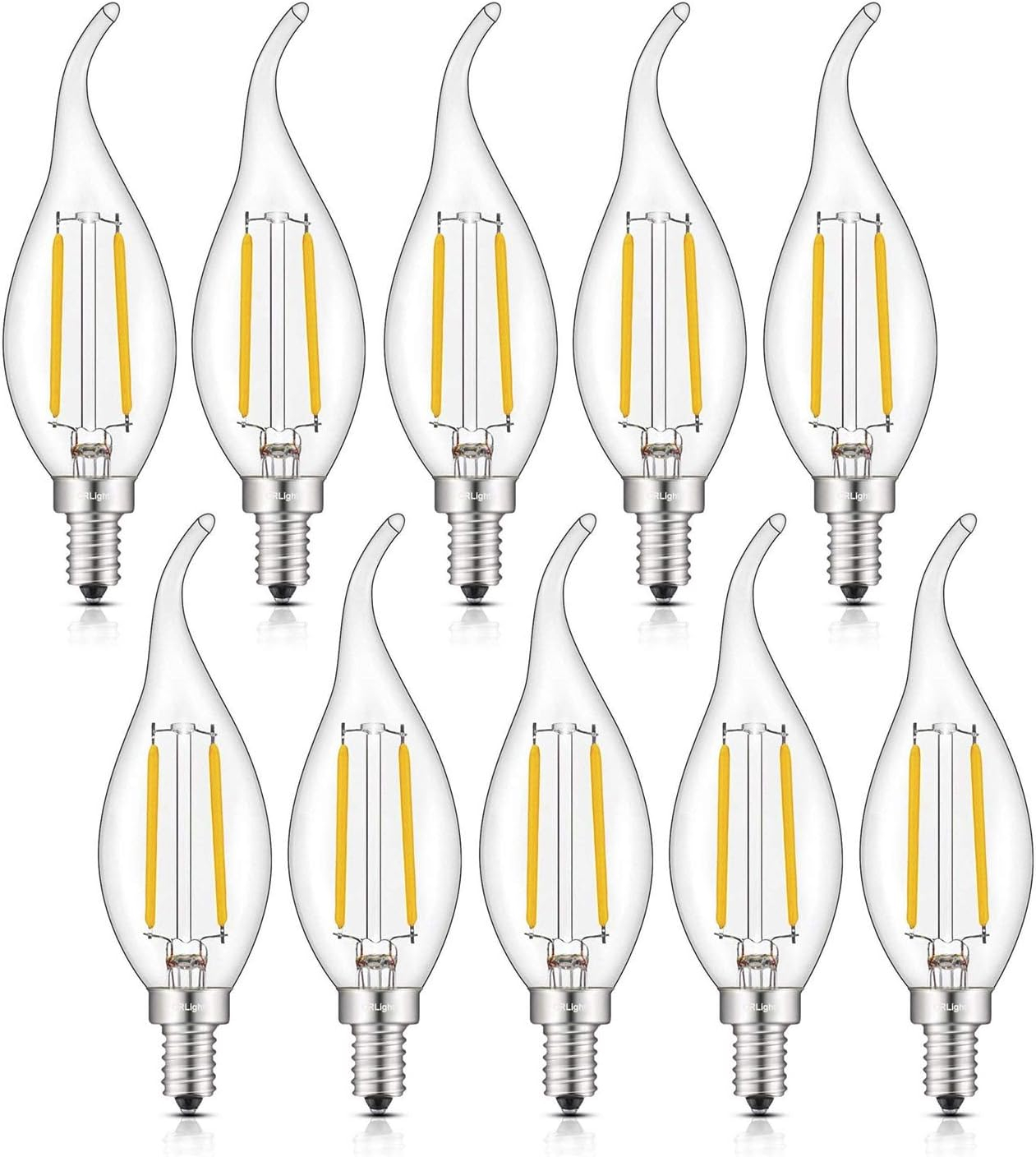 CRLight ETL Listed 2W Dimmable LED Candelabra Bulb 2700K Warm White, 250LM 25W Incandescent Equivalent, E12 Chandelier Candle Bulbs, C35 Clear Flame Shape Bent Tip, 360 Degrees Beam Angle, 10 Pack