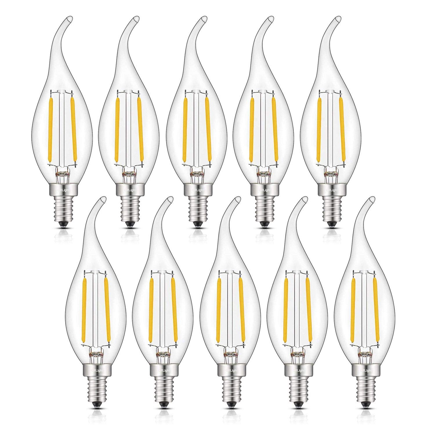 CRLight ETL Listed 2W Dimmable LED Candelabra Bulb 2700K Warm White, 250LM 25W Incandescent Equivalent, E12 Chandelier Candle Bulbs, C35 Clear Flame Shape Bent Tip, 360 Degrees Beam Angle, 10 Pack