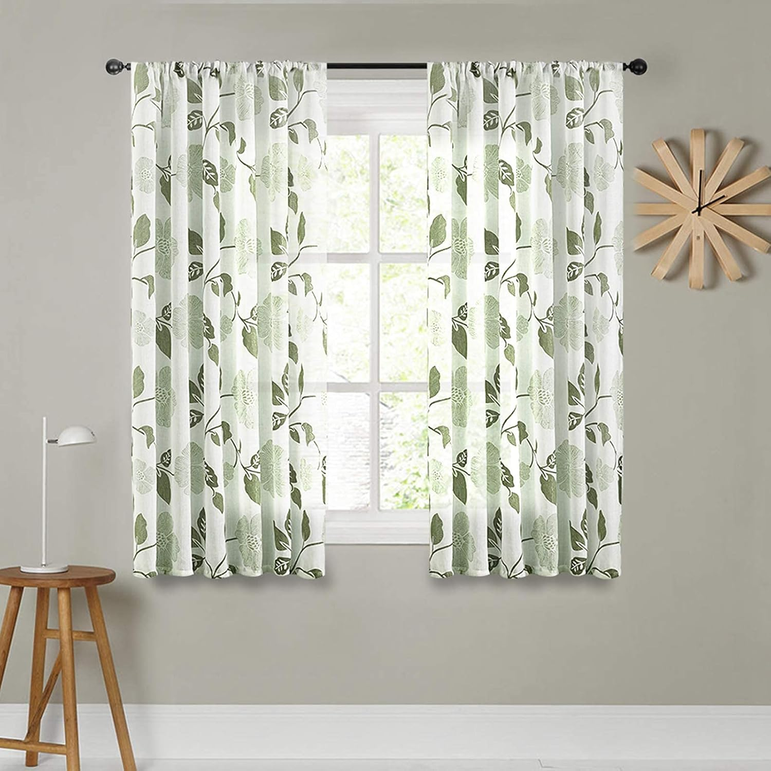 MRTREES Sheer Curtain Panels, Voile Sheer Curtains Drapes Rod Pocket, Flower Printed Embroidery Window Curtain Treatments for Bedroom Living Room Bathroom Window(2 Panels, 54x45 Inches, Brown)