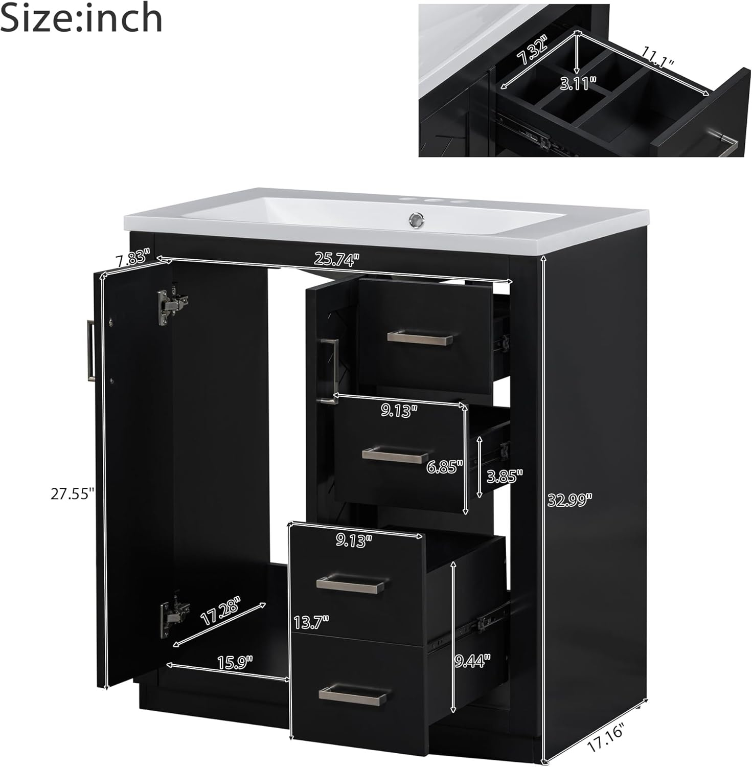 30" Bathroom Vanity with Single Sink, Modern Bathroom Vanity with 3 Drawers & 2 Doors, Solid Wood Bathroom Storage Cabinet with Undermount Sink, Black