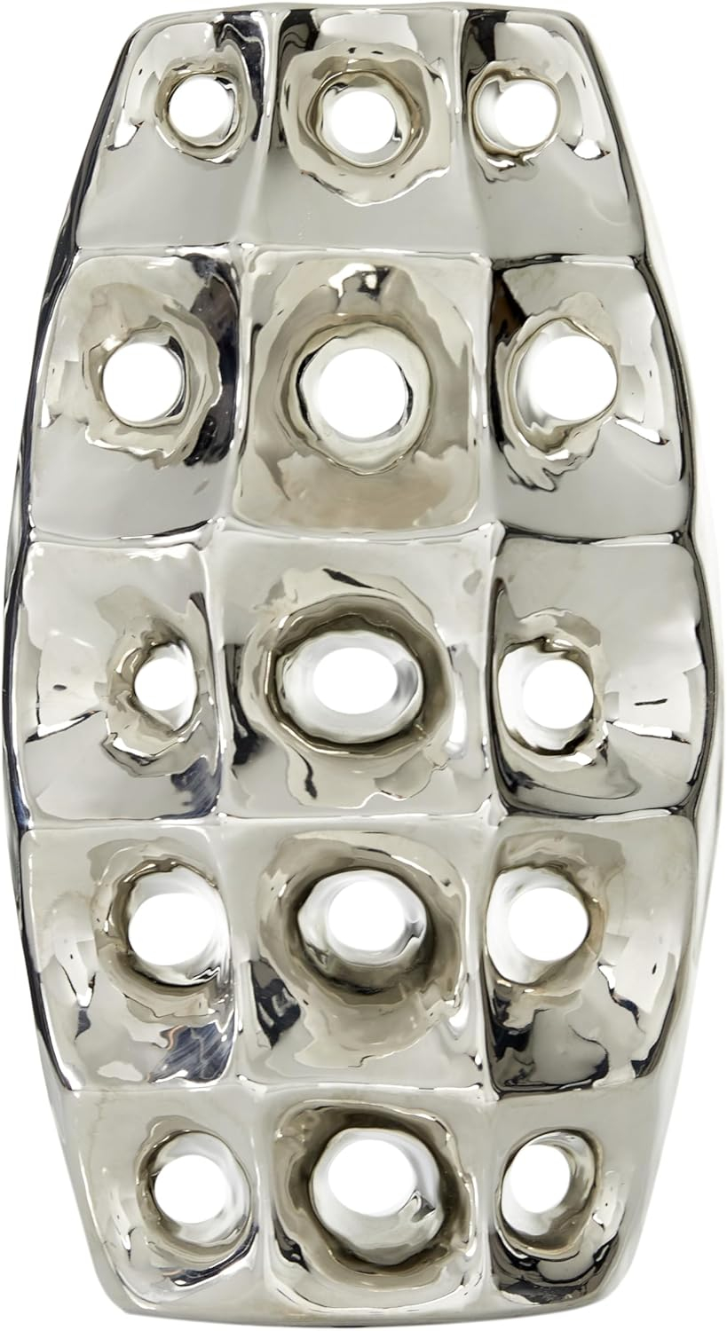 DecMode 14" Silver Ceramic Vase with Cut Out Designs