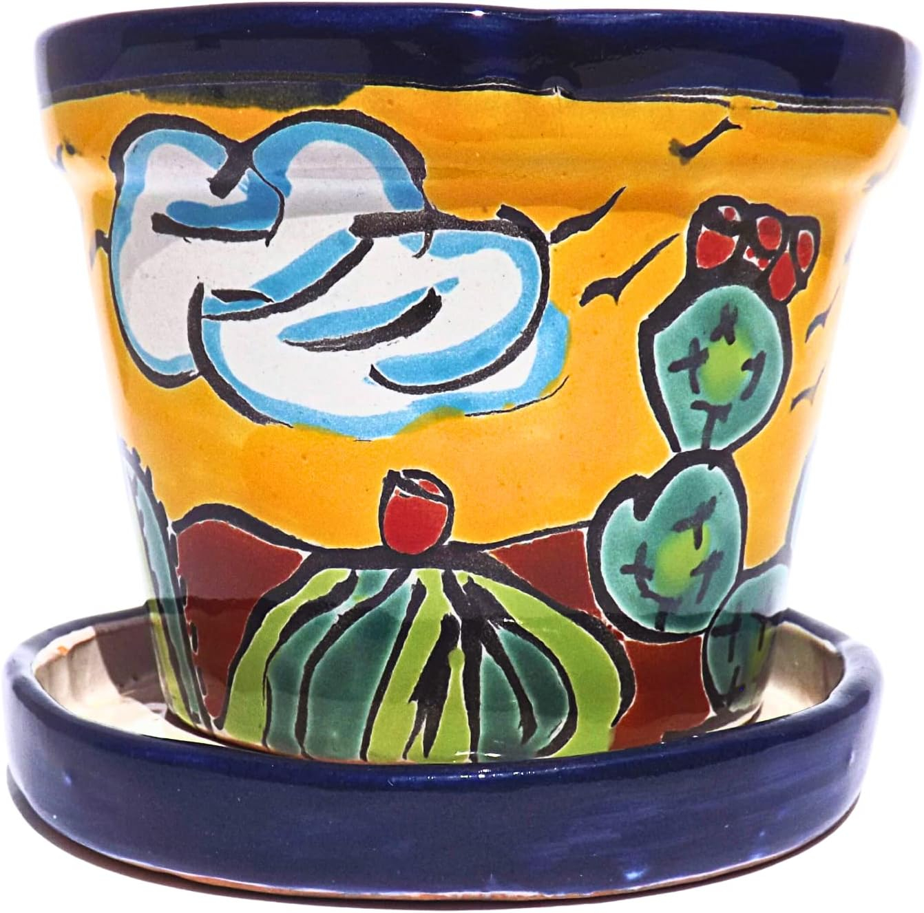 MEXTEQUIL 4" x 4" x 4" Round Yellow Ceramic Talavera Design Plant Pot with Drainage Holes