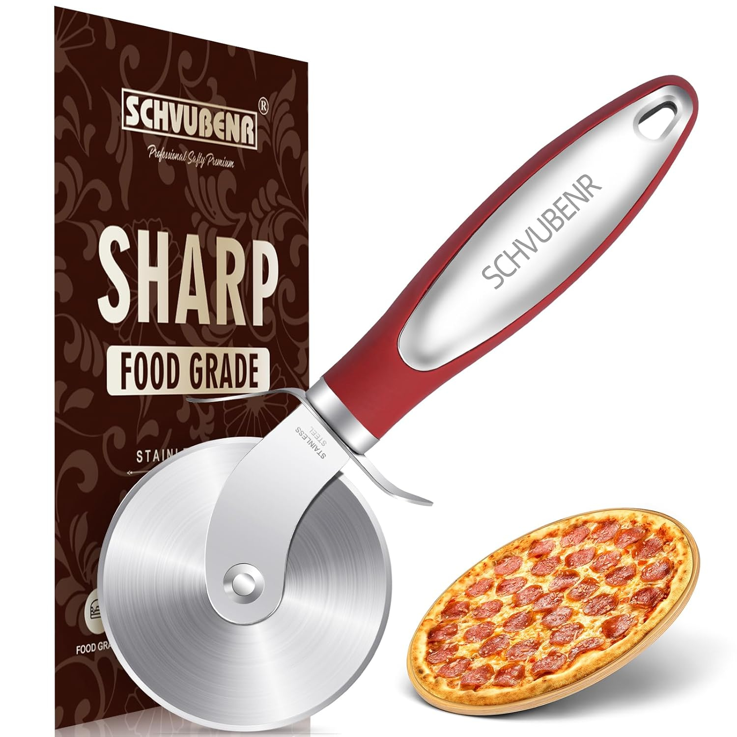 SCHVUBENR Premium Pizza Cutter Wheel - Ultra Sharp Stainless Steel Pizza Slicer with Non-Slip Soft Grip Handle - Multi-Purpose Cutter for Pizza, Dough & Pastry - Dishwasher Safe, Easy to Clean - Red