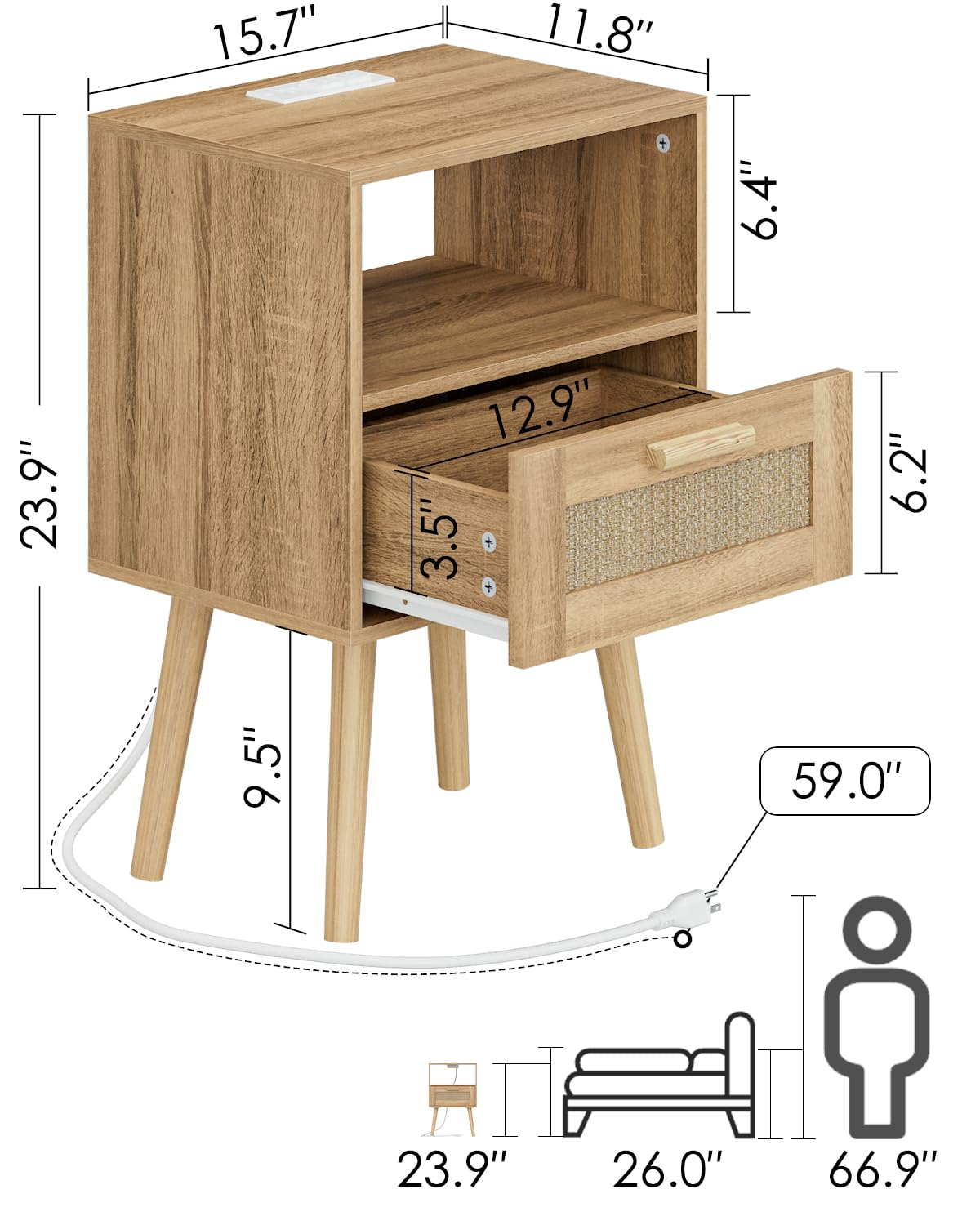Rattan Nightstand with Charging Station, Small Night Stand, Side Table with Drawer Open Shelf, Cane Accent Bedside End Table with Wood Legs, Modern Nightstand for Bedroom, Oak (Modern)
