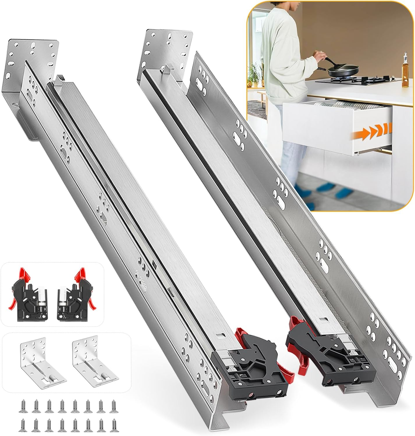 Soft Close Bottom Mount Drawer Slides 9 Inch Rails with Rear mounting Bracket Locking Devices Screws for Face Frame Or Frameless Application（9 inch, 1 Pair）
