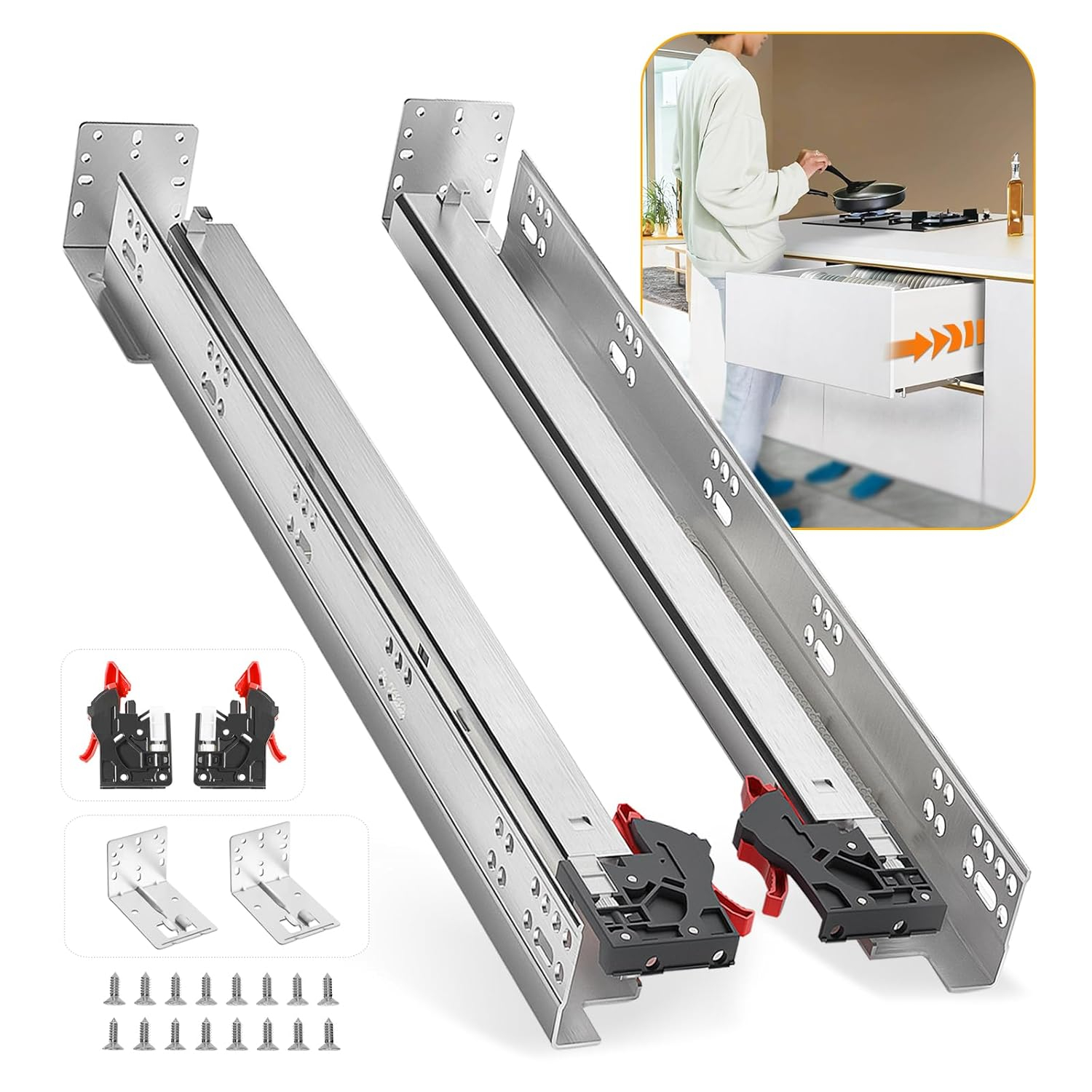 Soft Close Bottom Mount Drawer Slides 9 Inch Rails with Rear mounting Bracket Locking Devices Screws for Face Frame Or Frameless Application（9 inch, 1 Pair）
