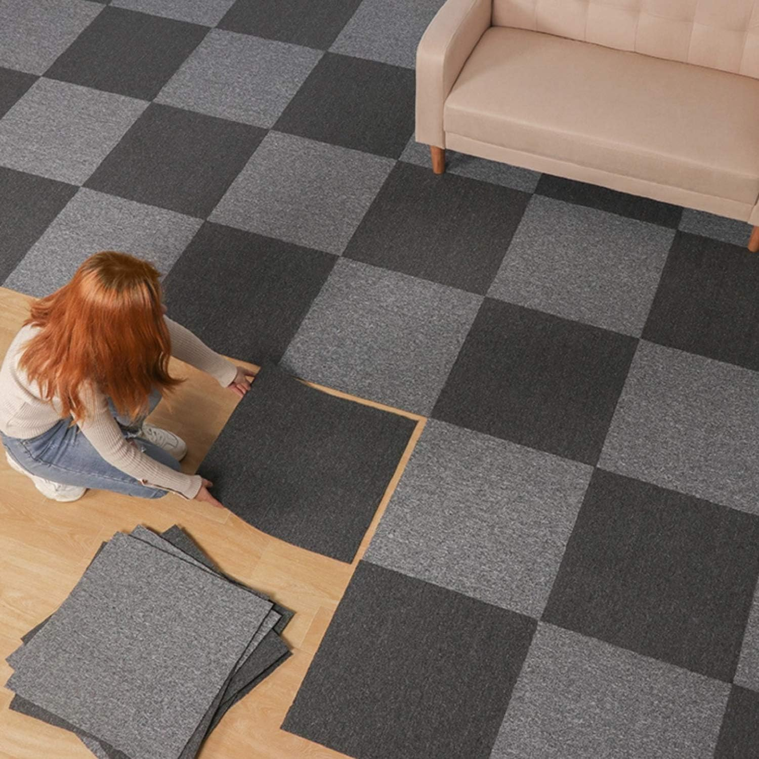 Carpet Tile 20”x 20”Commercial Heavy Duty Square Carpet Tile with Adhesive Stickers Indoor Outdoor Anti-Slip Carpet Squares for Kids Room, Bedroom,Dining Room, 20 Tiles Per Box/54Sq Ft