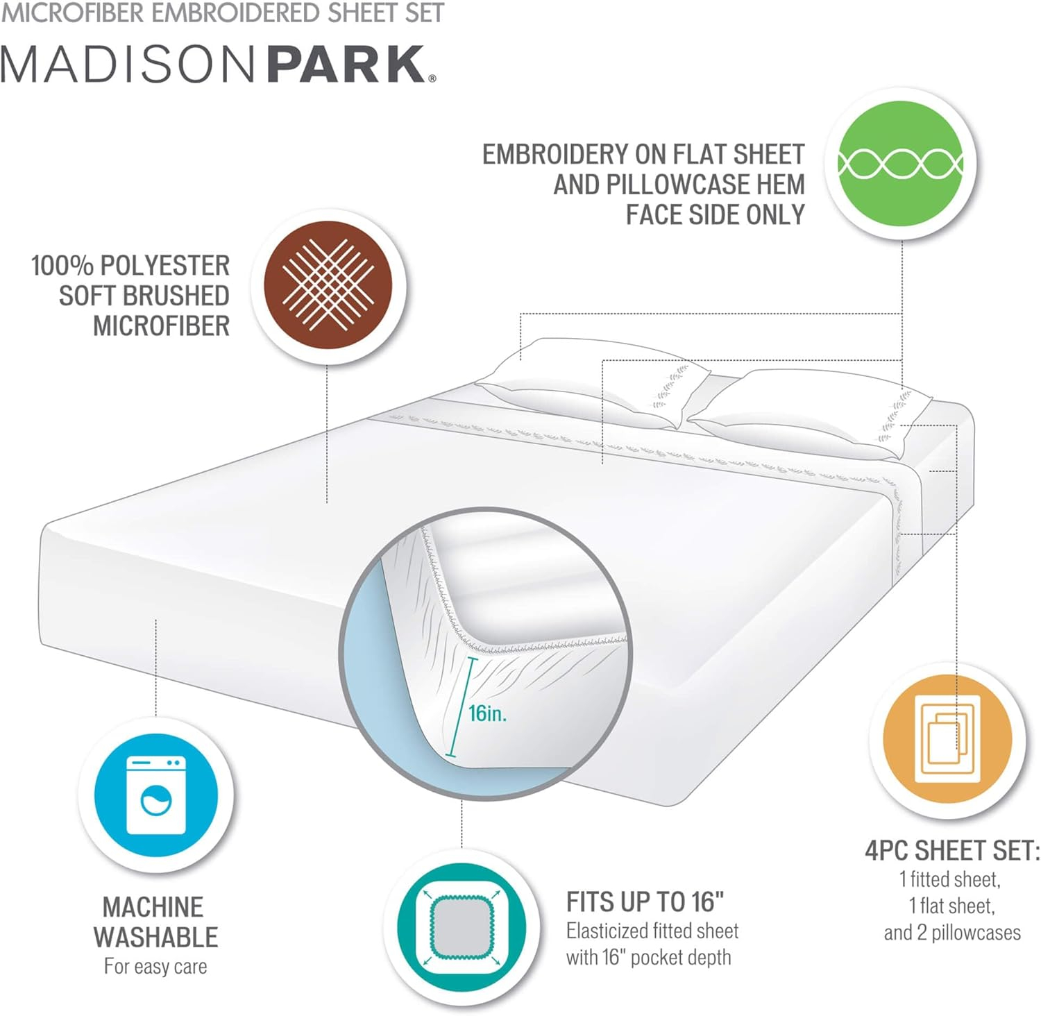 Madison Park Full Blue Blossom Embroidered Microfiber Sheet Set