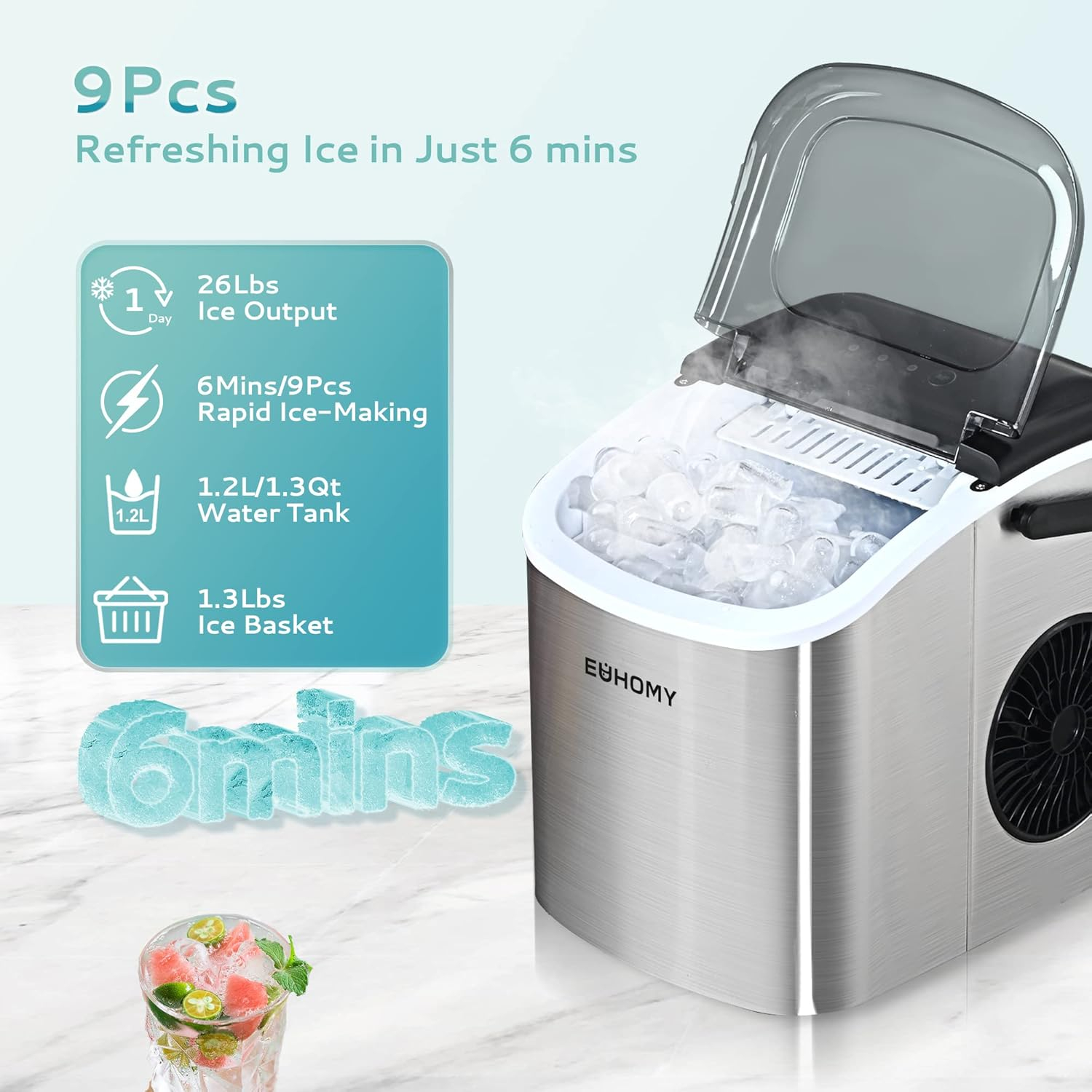 Ice Maker Countertop with Handle, 26lbs in 24Hrs, 9 Ice Cubes Ready in 6 Mins, Auto-Cleaning Portable Ice Maker with Basket and Scoop, for Home/Kitchen/Camping/RV. (2024 New Silver) Utensils