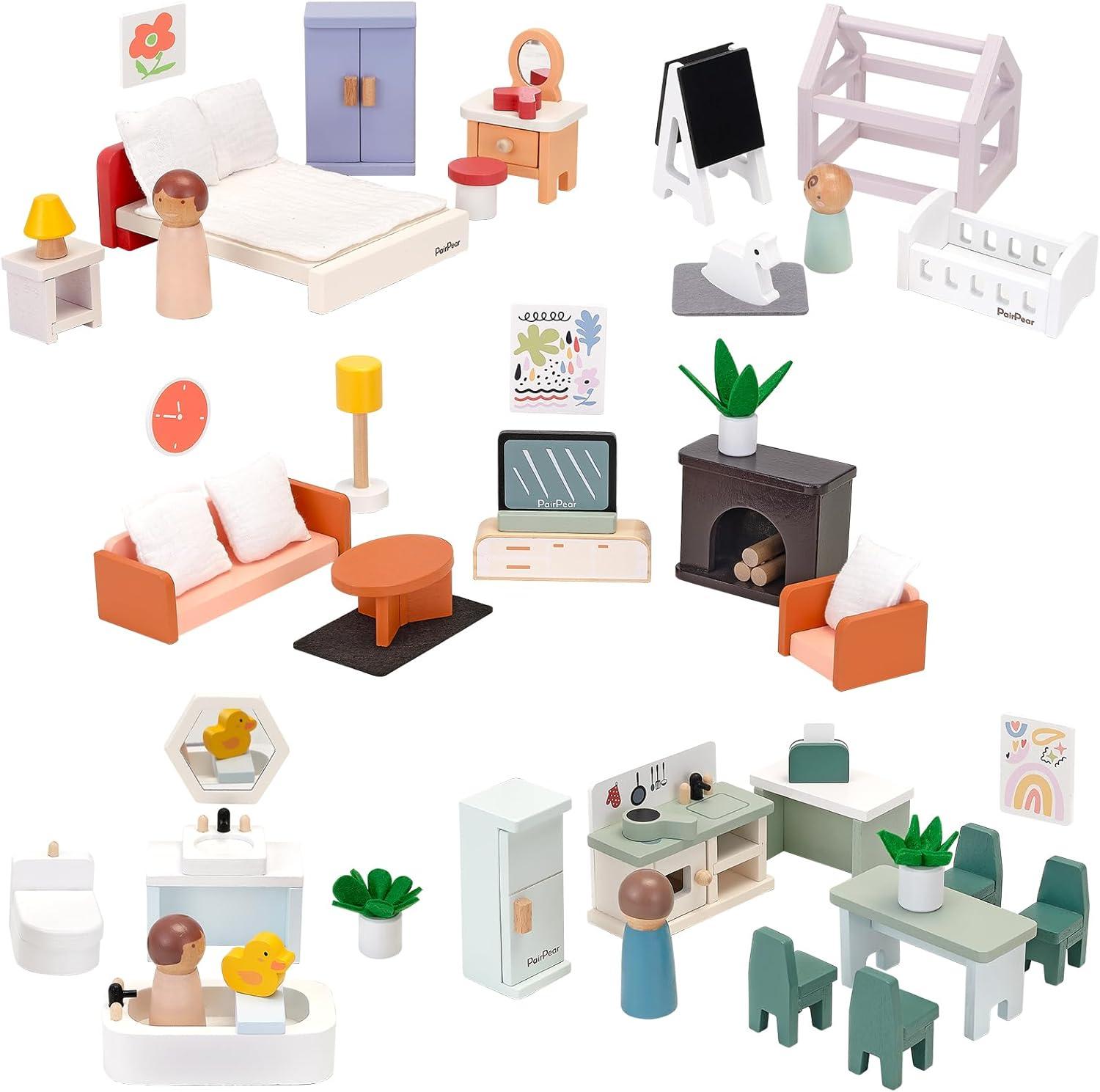 PairPear Wooden Dollhouse Furniture Set,56 Pieces Doll Furnitures with 5 Room Kits Play Fingers,Doll House Miniature Furniture Pretend Play Toys Gift for Toddler Boys and Girls 3Y+