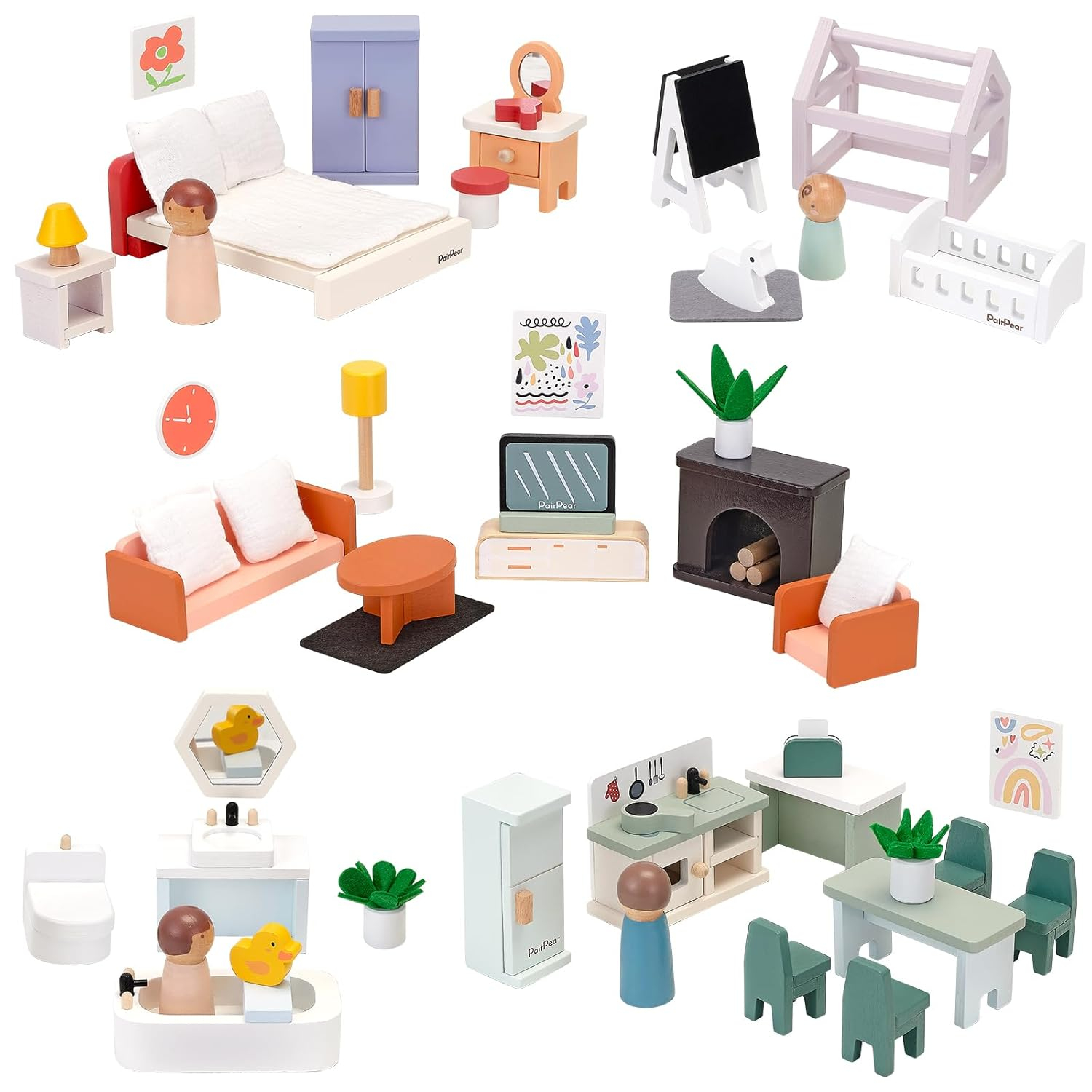 PairPear Wooden Dollhouse Furniture Set,56 Pieces Doll Furnitures with 5 Room Kits Play Fingers,Doll House Miniature Furniture Pretend Play Toys Gift for Toddler Boys and Girls 3Y+