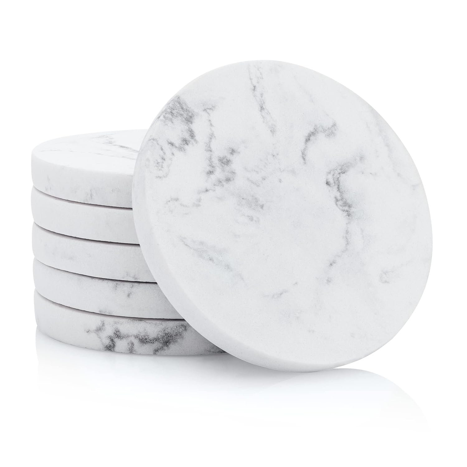 Essentra Home Set of 6 White Marble Coasters for Drinks, Soft Felt Bottom Protects Your Furniture from Scratches, Absorbent 4 Inch Coasters