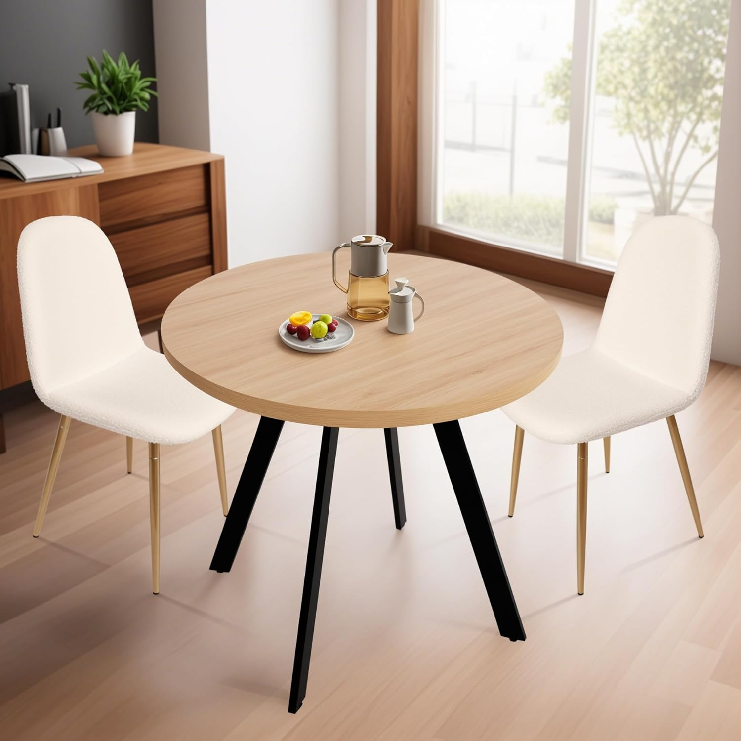 CangLong 35.5" Round Dining Table Mid-Century Modern Table with Solid Metal Legs Leisure Table for Home, Conference, Office & Restaurant, Oak