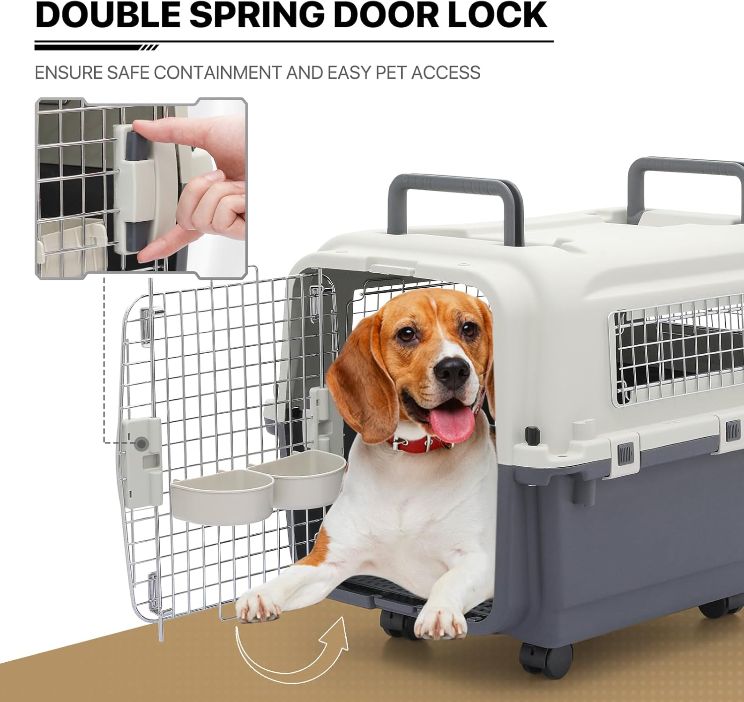 MoNiBloom Jaula Transpirable para Mascotas de 27 Pulgadas, Caja de Transporte, Perrera de Viaje para Perros con Tazones y Ruedas para Gatos y Gatitos, Aprobada por Aerolíneas, Blanco/gris