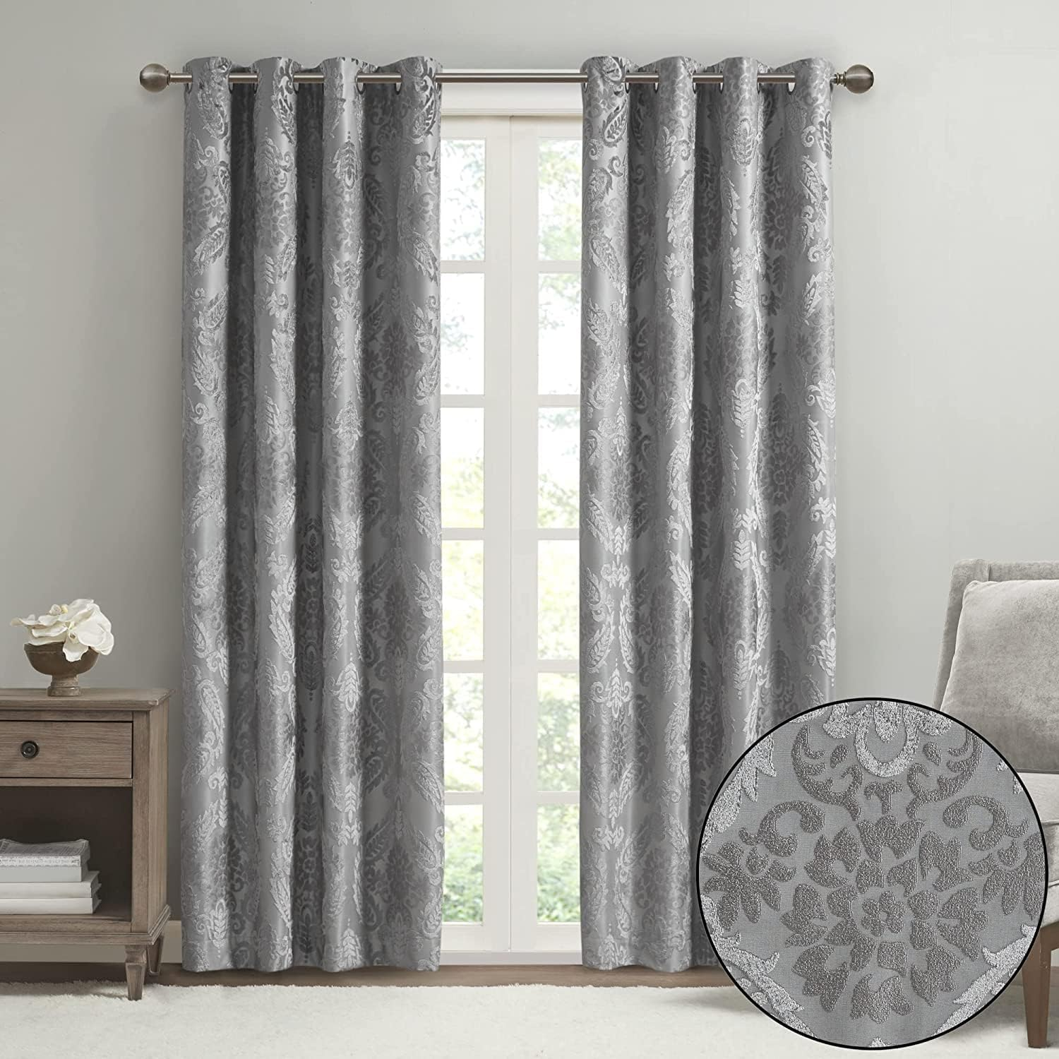 Sun Smart Amelia Jacquard Paisley Total Blackout Curtain for Bedroom, Luxury Single Window Panel Living Room Family-Room Kitchen, Grommet Top, 1-Panel Pack, 50"x84", Grey