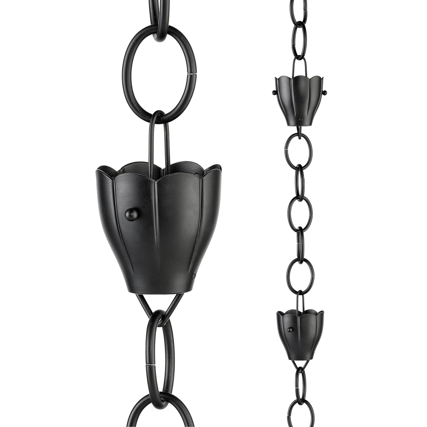 Good Directions 6 Cup Crocus Black Aluminum 8.5 ft. Rain Chain with Gutter Installation Clip