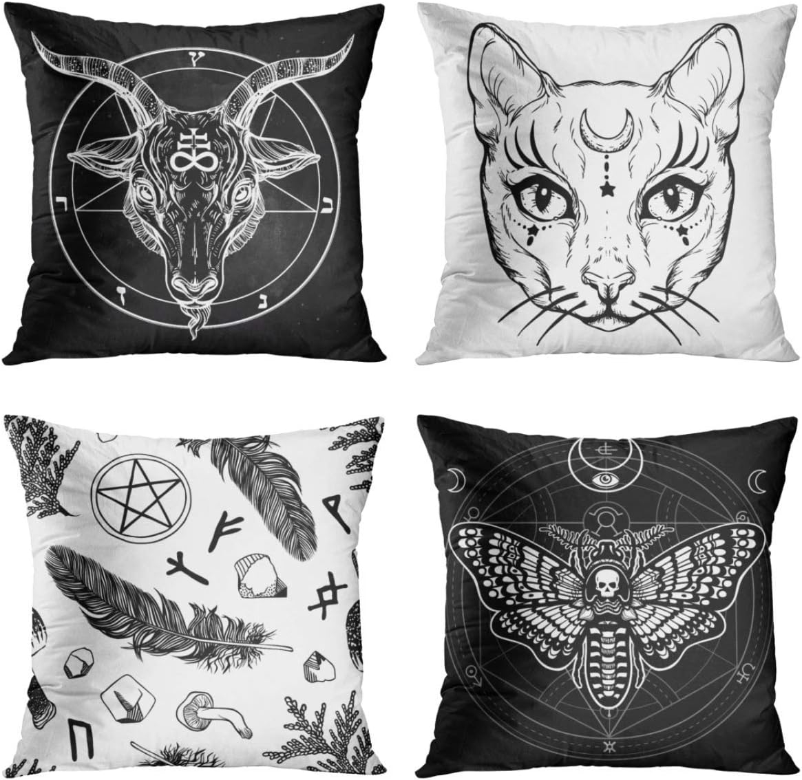 Britimes Throw Pillow Covers 18x18 Inches Home Decor Set of 4 Pillow Cases Decorative for Bed Sofa Cushion Couch Outdoor Capricorn Cat Feather Moth Gothic Pillowcases (Black and White)
